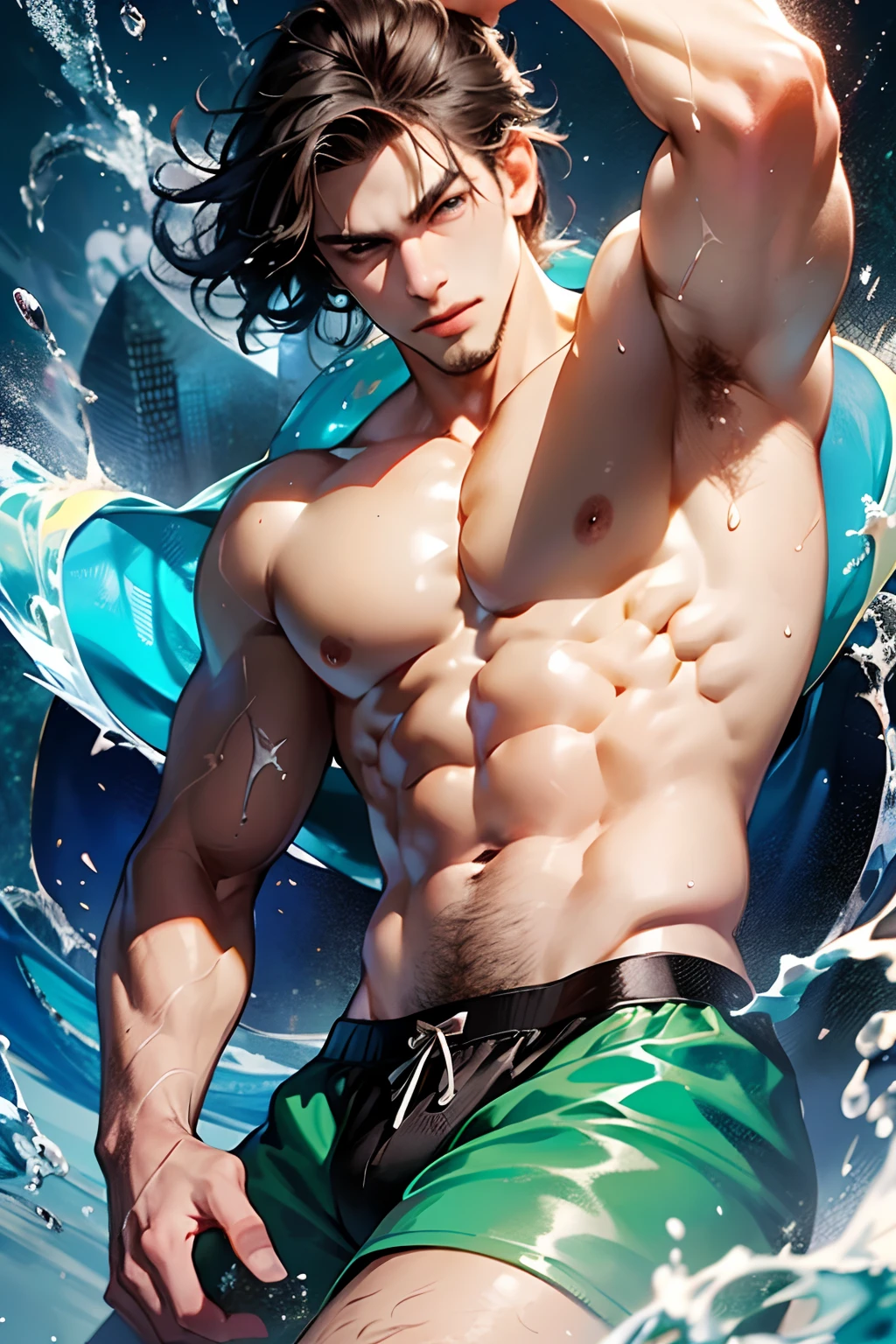 (8k image, RAW:1.2),Best quality, Ultra high resolution,Stunning angles,(Splash of sparkling detail), (illustration), 1 man, bouncing, muscular, sexy, sari, (shirtless), ,(showing), Perfect looking, wavy hair,