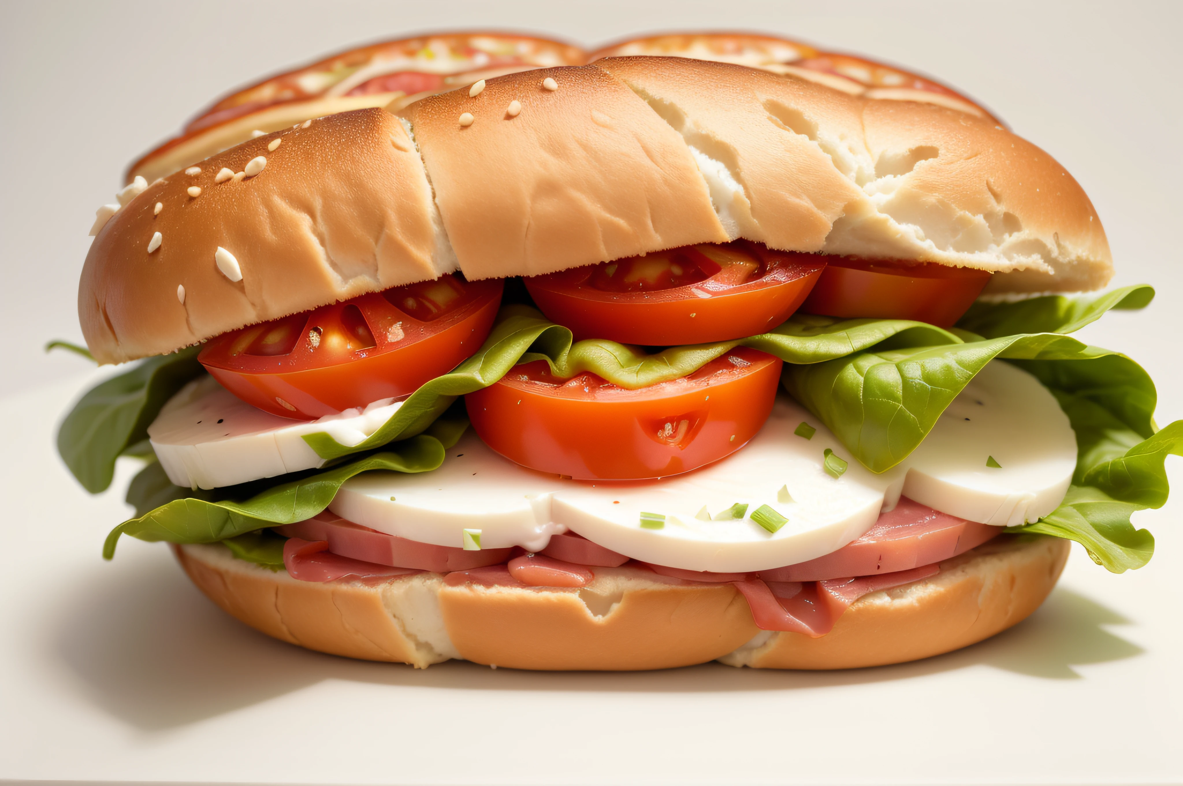 (macro shot:1.0 (sandwich with mortadella, tomato mozzarella and lettuce:1), top view, (white background:1.3), table top light, hires photo