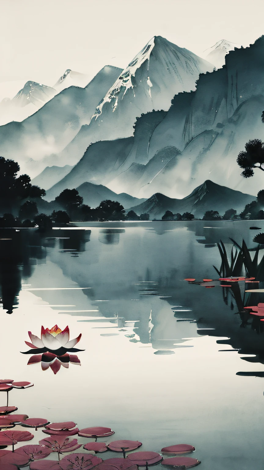Painting of a mountain lake with a lotus flower in the foreground ...