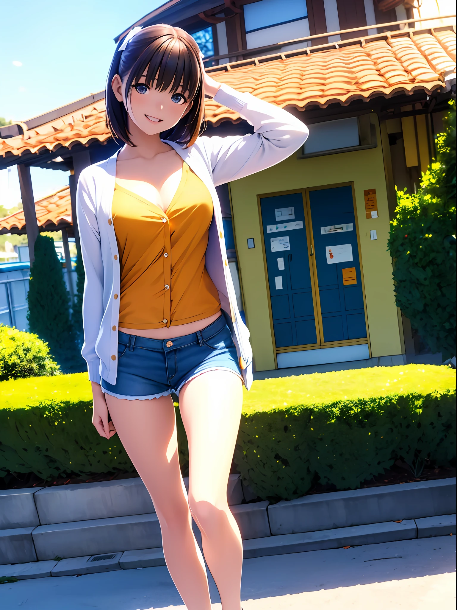 hight resolution,8K,Best Quality,detaileds,semi - realistic anime,Anime 3D Style,Smooth Anime CG,1 girl in,18-year-old woman in Japan,slim,modeled,shiny chestnut hair,Medium Hair,Detailed face,Beautiful and detailed eyes,glistning skin,((Orange Camisole)),((White cardigan)),((Blue shorts)),Smile with open mouth,randome pose,Summer Park,Clear blue sky,Background blur,The wind is blowing,