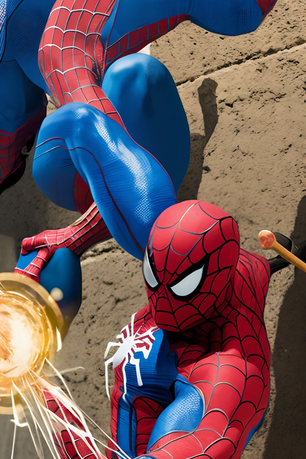 Highest image quality，Monkey King hits Spider-Man on the head with a golden hoop stick