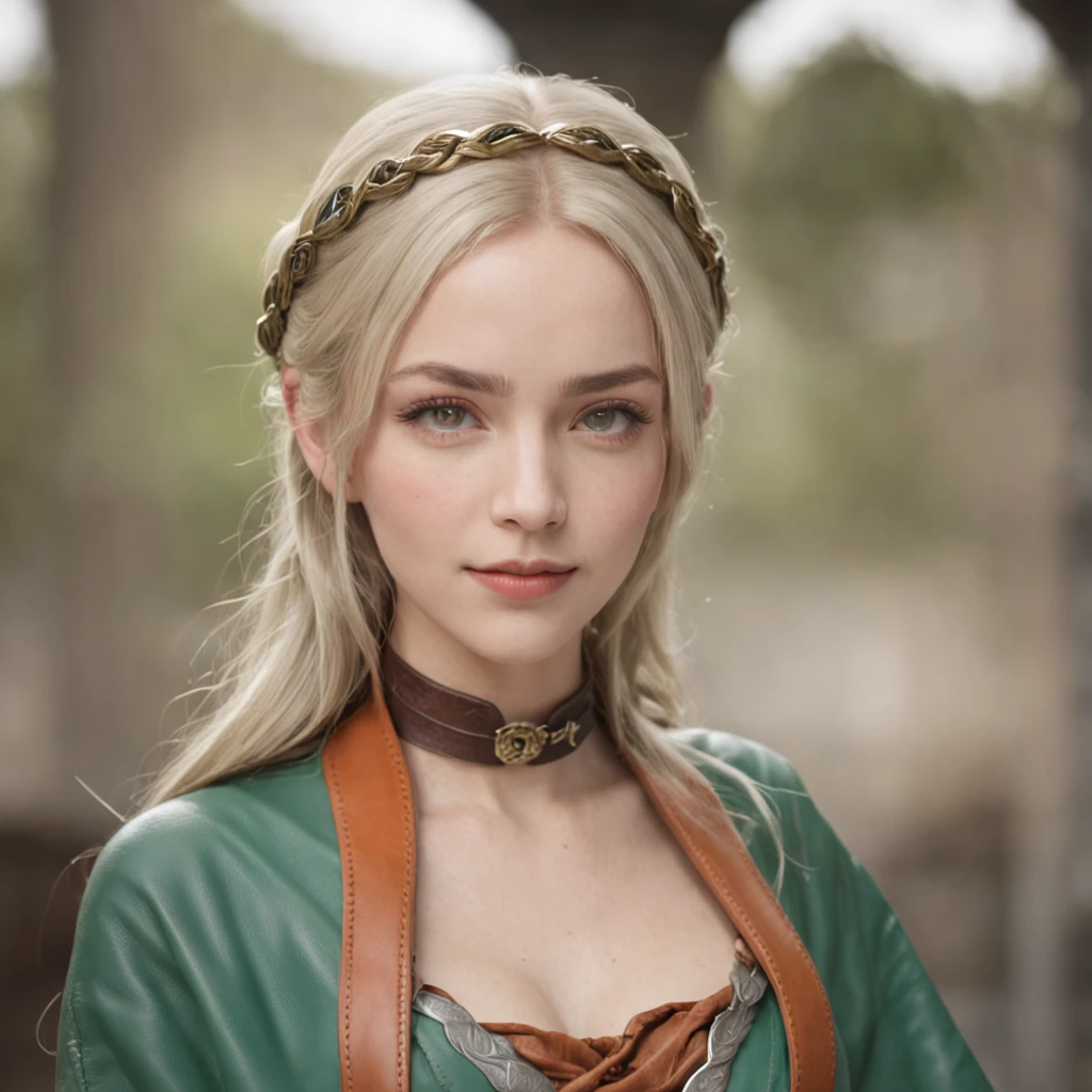 One Caucasian Beauty, blonde hair in braids,Bianca,Dragon Quest V, ssmile, big pale blue eyes, Woman in green dress and orange cloak, Hands invisible shot from waist up, Black leather belt with silver buckle, Ultra realistic anime 3D style, Wearing a silver choker necklace,
