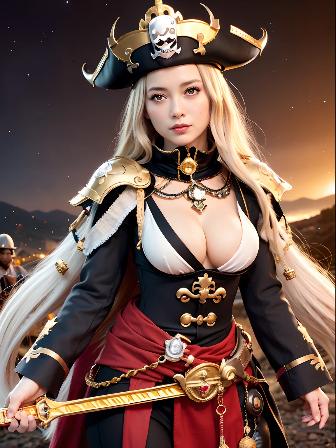 (masutepiece), Professional , ​masterpiece、top-quality、photos realistic ,  （Gemstone Silver Metal Body:1.９),(Matte White、（Put on a pirate hat）、Jewel Gold Weapon（Jewel Metal Body:1.４),Gorgeous metal weapons , Detailed Sword of the Brave , Beautiful knife   ,warhammer 40k , The port town、adepta sororitas,Detail and ornate jewel crown、Black hair、Gangle's forest background、Beautiful Caucasian beauty、１a person、dynamic ungle,(((Detailed and ornate diamond crown)))、Smaller head、A smile、Take a pose、Background inside the castle、Thin and beautiful female hands、cleavage of the breast、Soldier in iron armor on background、Man soldier in iron armor on background、Sea view、Pirate Ship、Woman or stand in the center、Lots of pirate ships、Luminescent particles,light scattering,Tindall Effect