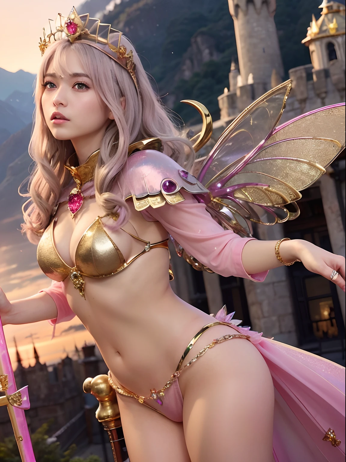 (masutepiece), Professional , masterpiece、top-quality、photos realistic , depth of fields (Gemstone Silver Metal Body:1.9),(Matte Pink、Jewel Gold Weapon、(Gorgeous castle background)、(ultimate beauty girl)、(Iridescent fairy wings grow on the back)、(Jewel Metal Body:1.9),Gorgeous Jewel Metal Weapons , Detailed Sword of the Brave ,( a blond) ,warhammer 40k , adepta sororitas,Detail and ornate jewel crown、独奏、Brown hair、(Gangle's forest background)、Beautiful Caucasian beauty、1a person、dynamic ungle,(((Diamond tiara with detail and luxury)))、a small face、Powerful poses、(Gorgeous castle background)、huge filesize、20 year old beautiful woman、Stand in the center of the screen、Thin female fingers、Straight long hair、Beautiful Caucasian beauty、Valley、Hair fluttering in the wind、