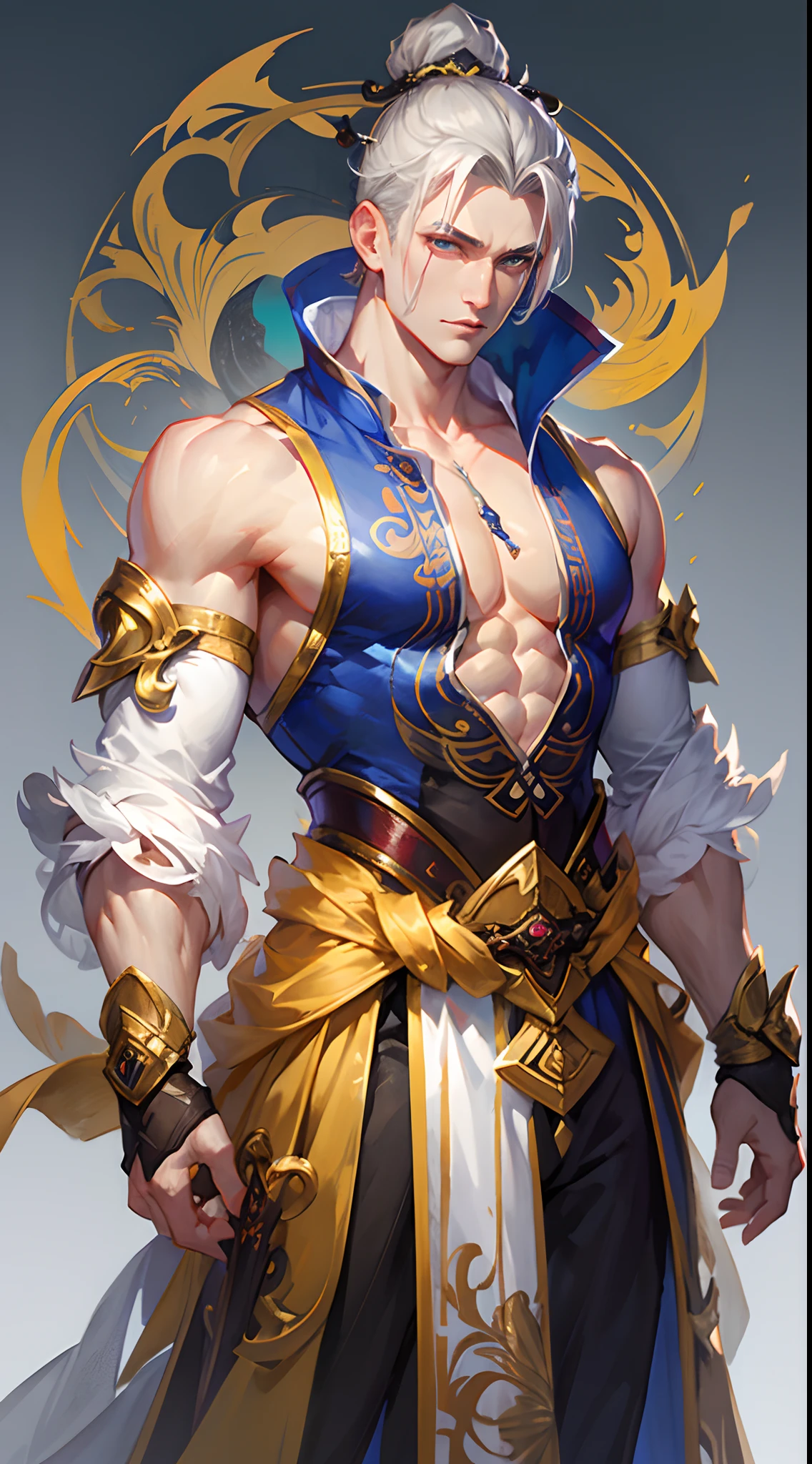 A boy,immortal,Pose pos,(The whole body of the character),Expose muscles,(sexy for),(Exquisite base),The color of the clothes is gold,blue and violet,Transparent texture,musculous
