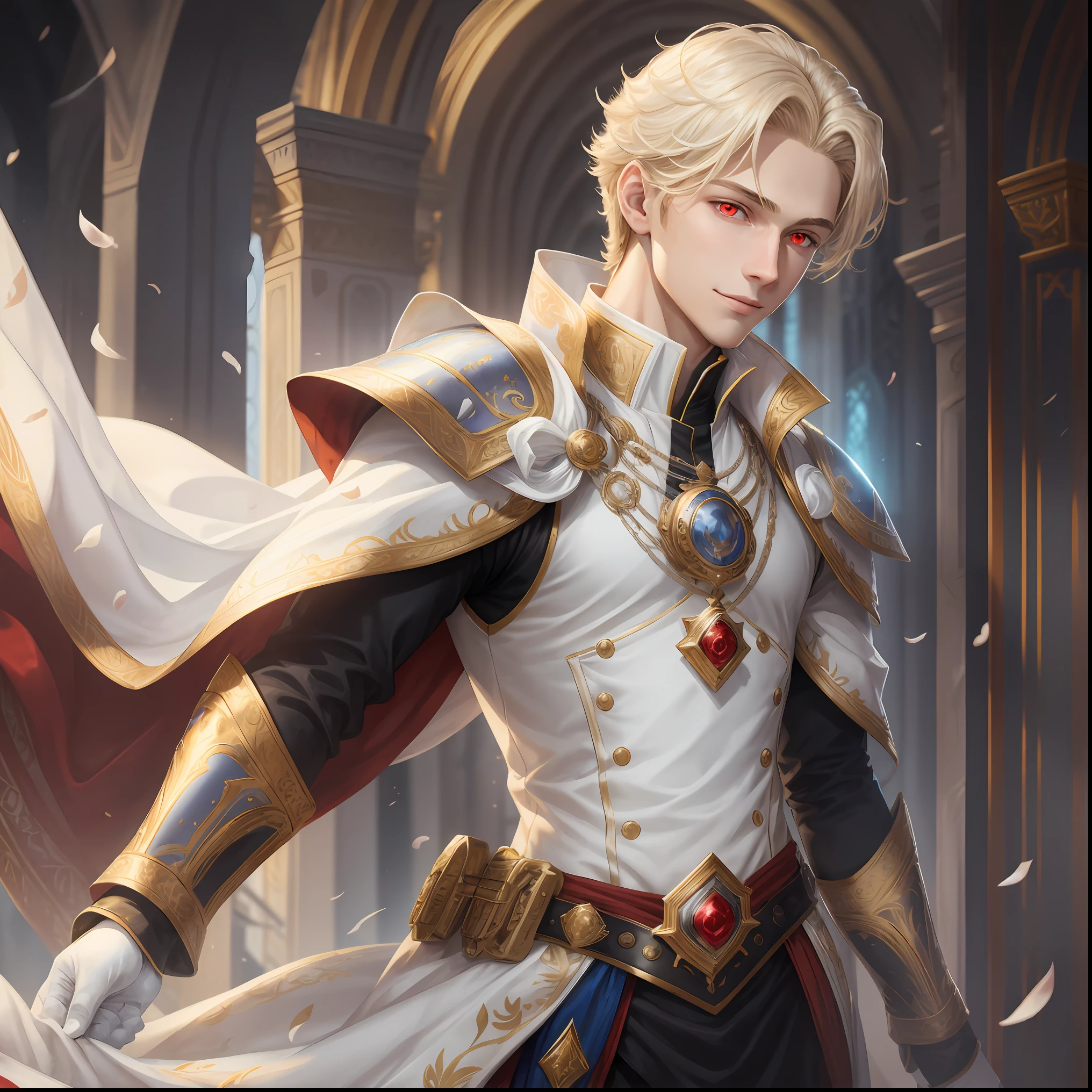 arafed image of a man in a white and gold outfit, portrait of magical blond prince, beautiful androgynous prince, delicate androgynous prince, casimir art, arsen lupin as a paladin, male paladin, inspired in kris from deltarrune, a human male paladin, by Yang J, extremely detailed artgerm