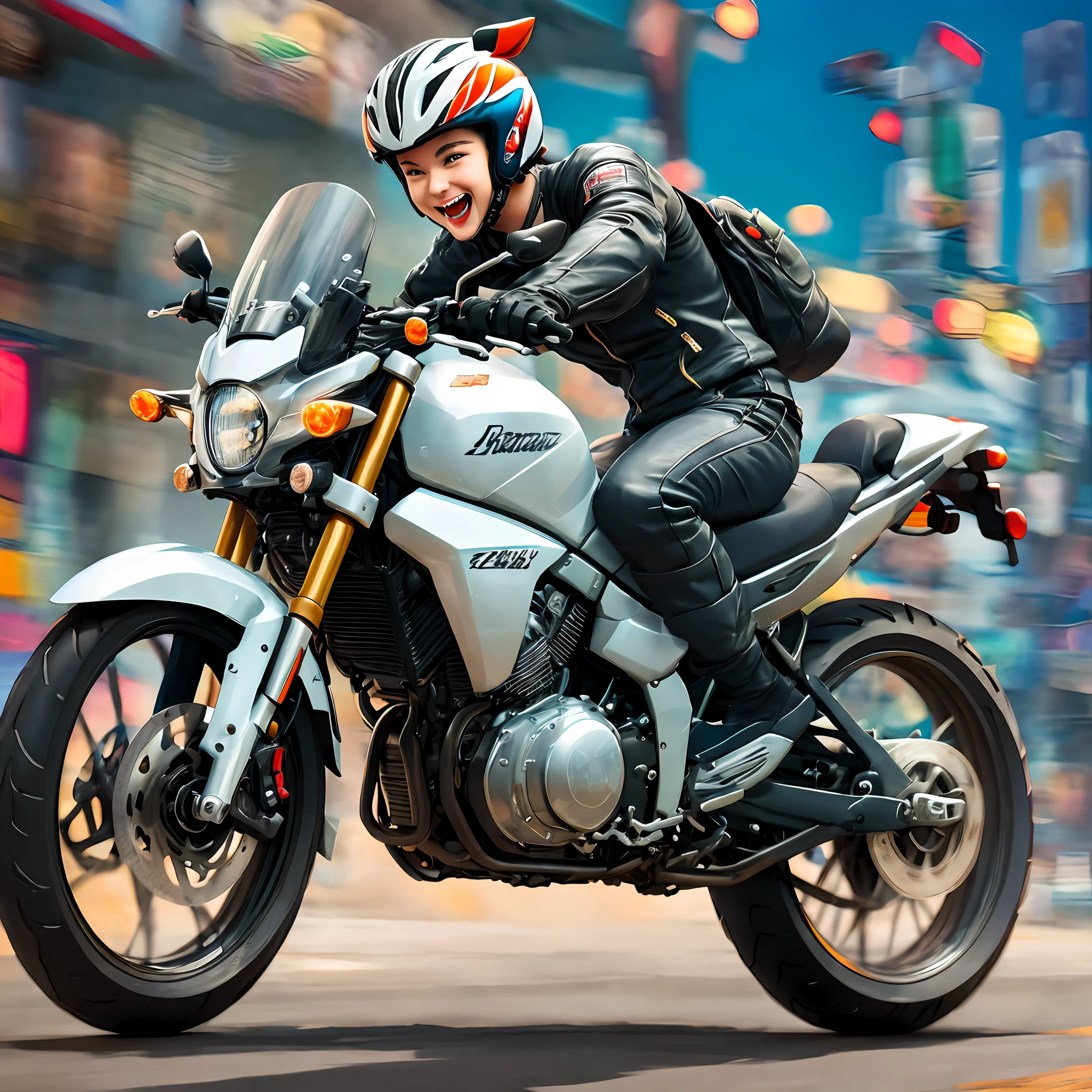 Depicts a zebra riding a motorcycle, radiating confidence and joy. Capture the essence of the characters' adventurous spirit as they explore a vibrant and dynamic world -- ar 3:2 --auto --s2