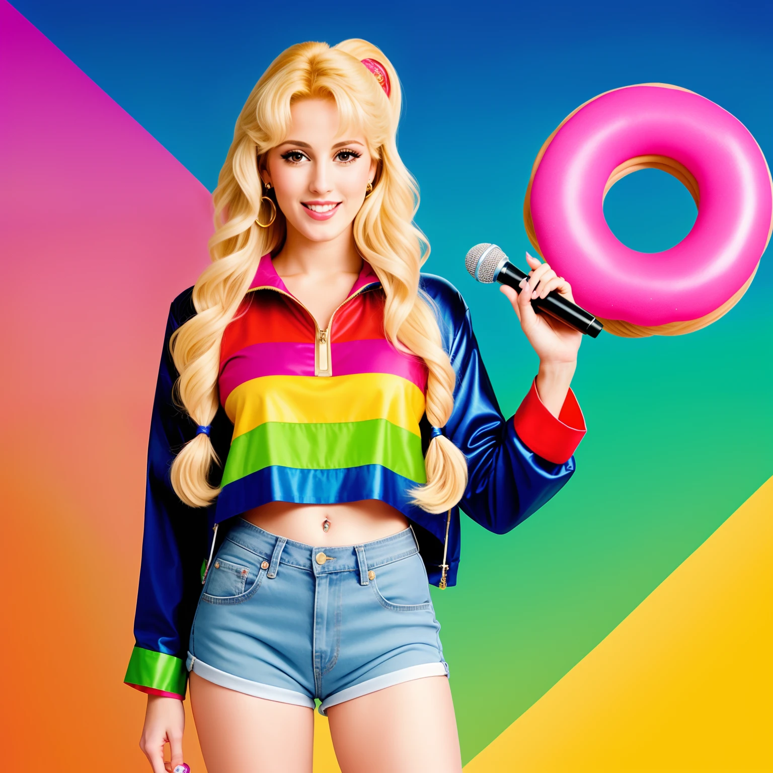 "(Mature and realistic portrayal:1.2) Sailor Moon exuding confidence as she holds a microphone, her blonde hair cascading down, adorned in stylish rainbow denim clothes from the 2000s, with a backdrop filled with donuts."
