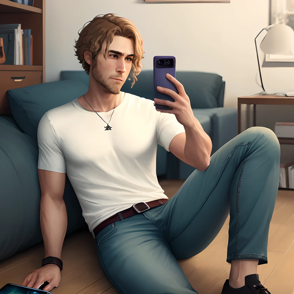 He wears pants,Comb the midpoint,Playing with your phone,Play the game