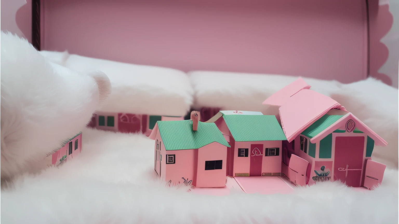 Pink cardboard farm. Pink cardboard. Pink cardboard box. Pink cardboard. Madeiras cor de rosa. Cogumelos na maquete. Cogumelos na fazenda.