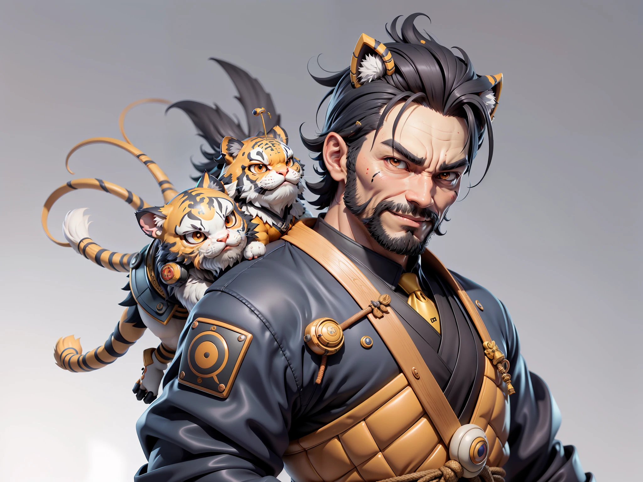(Daisaku),(Need),(Super meticulous),(full bodyesbian:1.2),Super young man with Japanese geisha,Beautiful,orient,one tiger,Aeolian Thor,Raised sexy,爆乳,Oriental face,TV Anchor,Bust portrait illustration,In black suit,a blue tie,The face is slightly chubby,The face was clean,without a beard,Black super short hair,Black eyes,Smile confidently,3C computer sub-products,iPad, iphone,Digital painting,3D character design by Mark Clairen and Pixar and Hayao Miyazaki and Akira Toriyama,The illustration is a high-definition illustration in 4K resolution,With very detailed facial features and cartoon-style visuals。