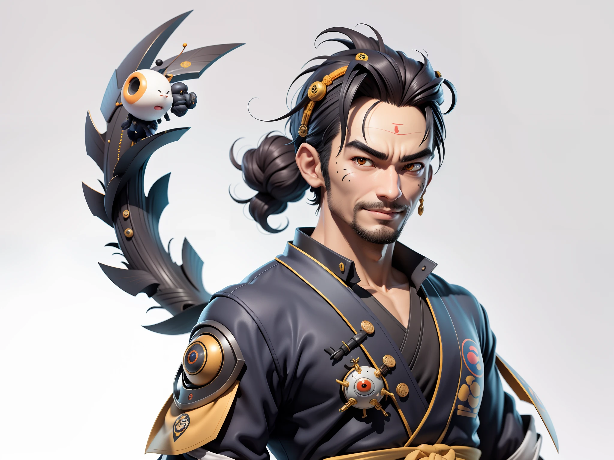 (Daisaku),(Need),(Super meticulous),(full bodyesbian:1.2),Super young man with Japanese geisha,Beautiful,orient,one tiger,Aeolian Thor,Raised sexy,爆乳,Oriental face,TV Anchor,Bust portrait illustration,In black suit,a blue tie,The face is slightly chubby,The face was clean,without a beard,Black super short hair,Black eyes,Smile confidently,3C computer sub-products,iPad, iphone,Digital painting,3D character design by Mark Clairen and Pixar and Hayao Miyazaki and Akira Toriyama,The illustration is a high-definition illustration in 4K resolution,With very detailed facial features and cartoon-style visuals。
