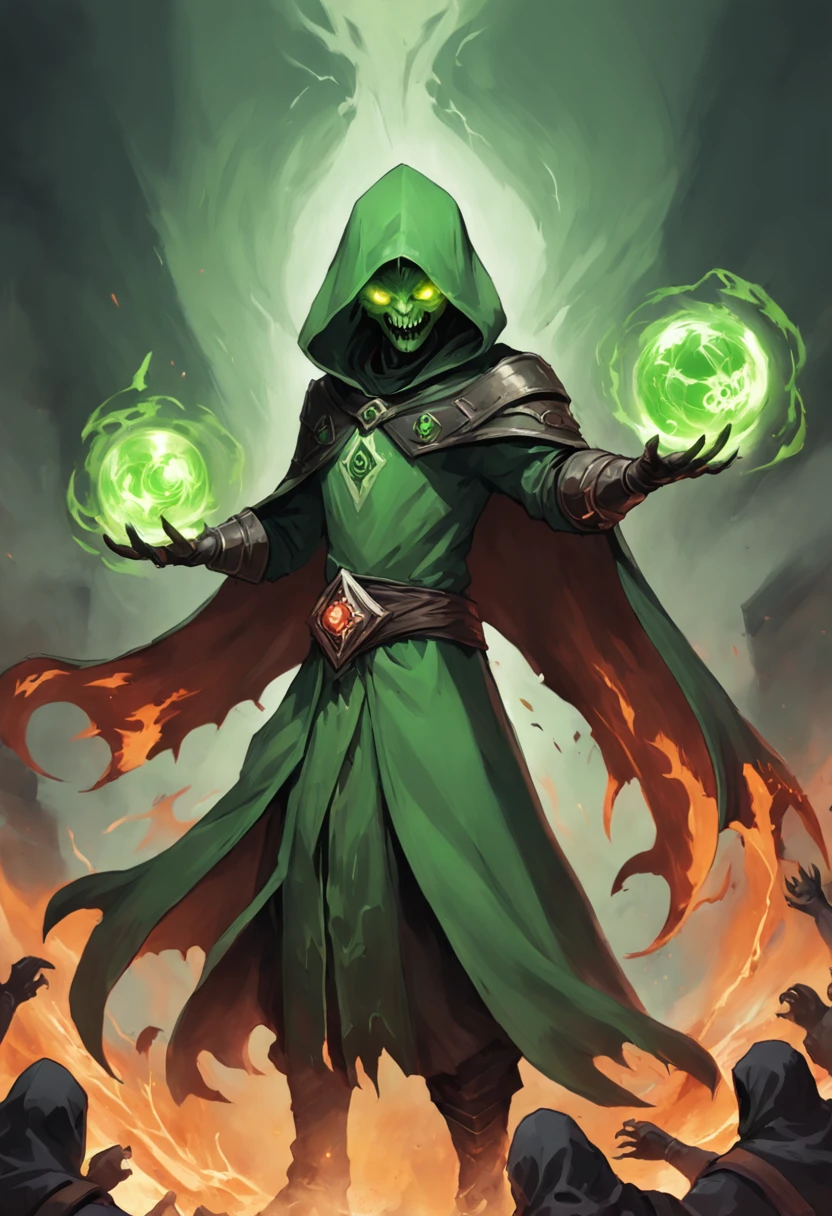 style of Rush Royale. Cultist if there are 1 - 3 neighboring Cultists, receives the ability to attack additional targets.The number of additional targets is equal to the number of neighboring cultists. if there are 4 neighboring Cultists, gets double damage and area damage with green color. Cultists receive souls when merging or making a sacrifice. Each soul increases Cultist damage by 1%. When the number of souls reaches 20, a Cultist in demon form transforms into a Harbinger, which increases their attack speed by 15%. When a Sacrifice is activated, every destroyed Cultist cleanses 3 random Cultists from a negative effect and increases their damage by 10% for 10s. A Cultist in Harbinger form increases its damage by 5% for every Cultist on the field, including Harbingers. When attacking green fire balls, Harbinger creates a fiery green chasm for 2s. The green chasm deals 100% of the Cultist's damage every 0.4s and reduces monster armor by 25%. There can only be one chasm on the field at a time. atack flames are green