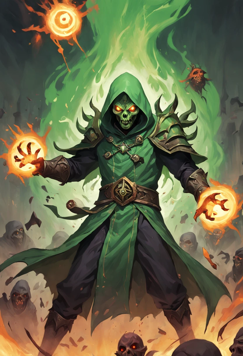 style of Rush Royale. Cultist if there are 1 - 3 neighboring Cultists, receives the ability to attack additional targets.The number of additional targets is equal to the number of neighboring cultists. if there are 4 neighboring Cultists, gets double damage and area damage with green color. Cultists receive souls when merging or making a sacrifice. Each soul increases Cultist damage by 1%. When the number of souls reaches 20, a Cultist in demon form transforms into a Harbinger, which increases their attack speed by 15%. When a Sacrifice is activated, every destroyed Cultist cleanses 3 random Cultists from a negative effect and increases their damage by 10% for 10s. A Cultist in Harbinger form increases its damage by 5% for every Cultist on the field, including Harbingers. When attacking green fire balls, Harbinger creates a fiery green chasm for 2s. The green chasm deals 100% of the Cultist's damage every 0.4s and reduces monster armor by 25%. There can only be one chasm on the field at a time. atack flames are green