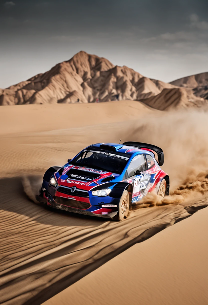 A rally car,Race across the endless desert,Jansha,drift,photorealestic