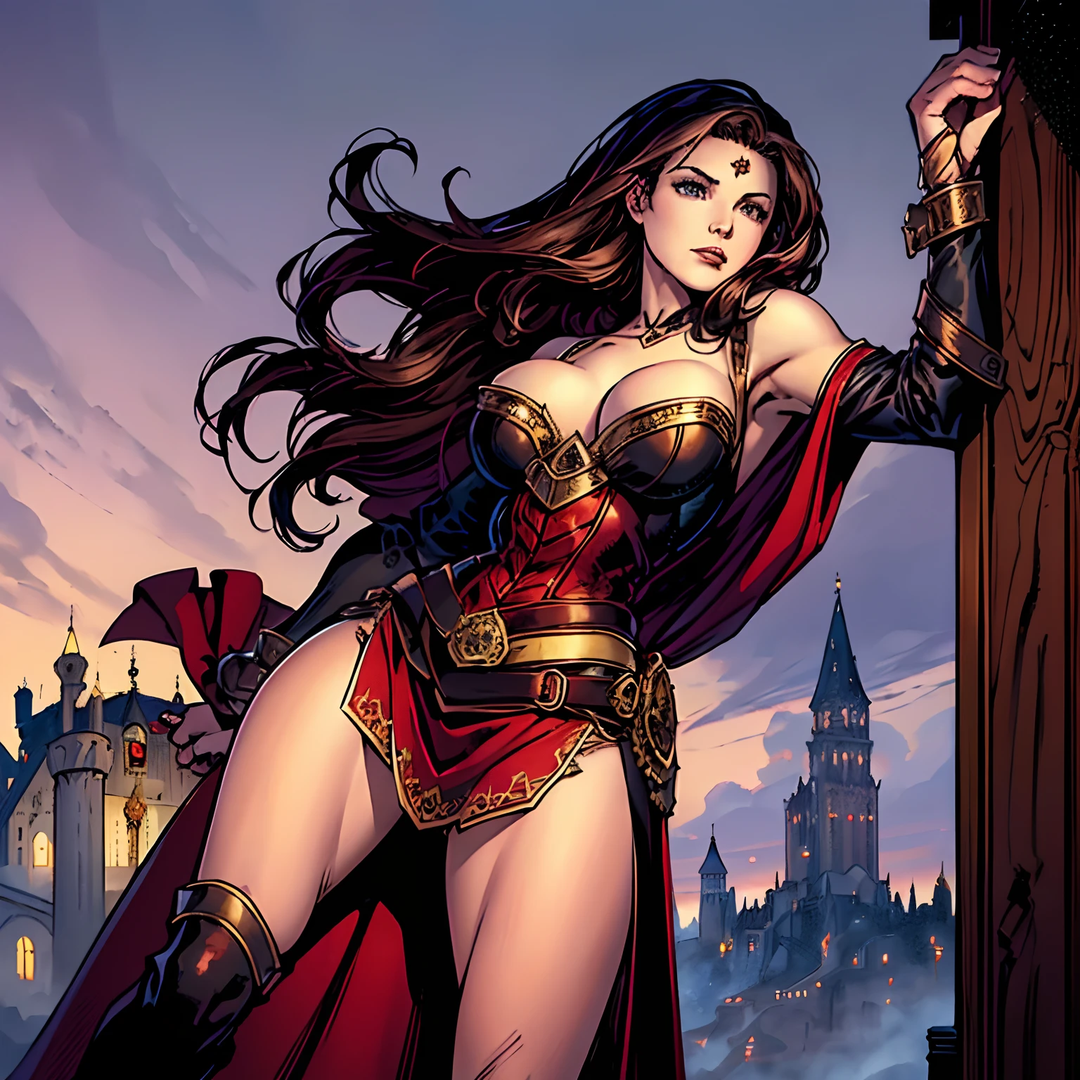 (masterpiece, top quality, best quality, official art, beautiful and aesthetic:1.2), (1girl:1.3), long and curly dark brown hair, extremely detailed, portrait, looking at viewer, solo, (full body:0.6), detailed background, close up, mischievous eyes, (warm summer castle theme:1.1), sorceress, charlatan, smirk, mysterious, walking in courtyard, revealing ((dark red)) sorcerer attire, red knee-length red skirt, off shoulder, straps, long sleeves, loose sleeves, cloak, corset, black leggings, black trousers, black pants, long brown boots, buckles, straps, pouches, magic energy, red fabric, white trim, gigantic breasts, cleavage, skindentation, slim waist, slim hips, long legs, medieval (castle exterior:1.1) background, dark mysterious lighting, shadows, magical atmosphere, dutch angle,