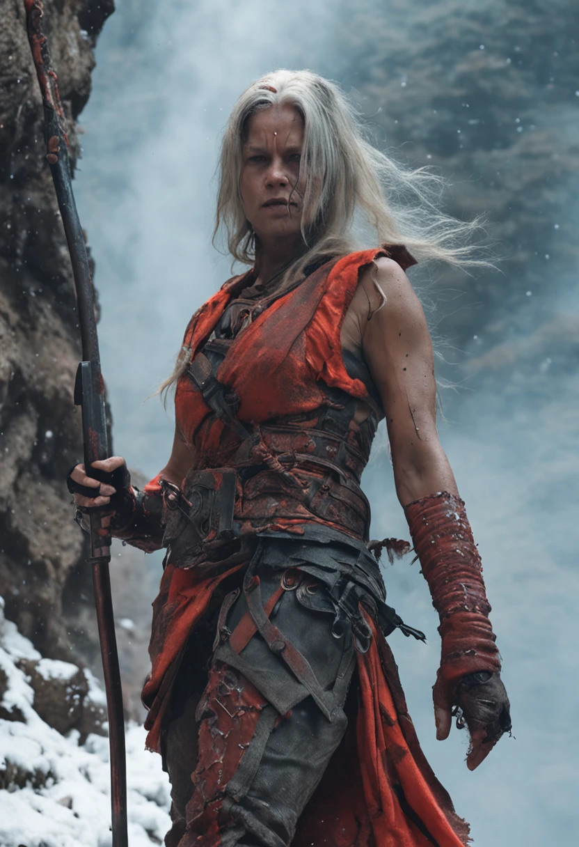 A sexy beautiful ninja standing on a rock,full bodyesbian,long whitr hair,hair messy,medium boob,There is blood and wounds in the abdomen