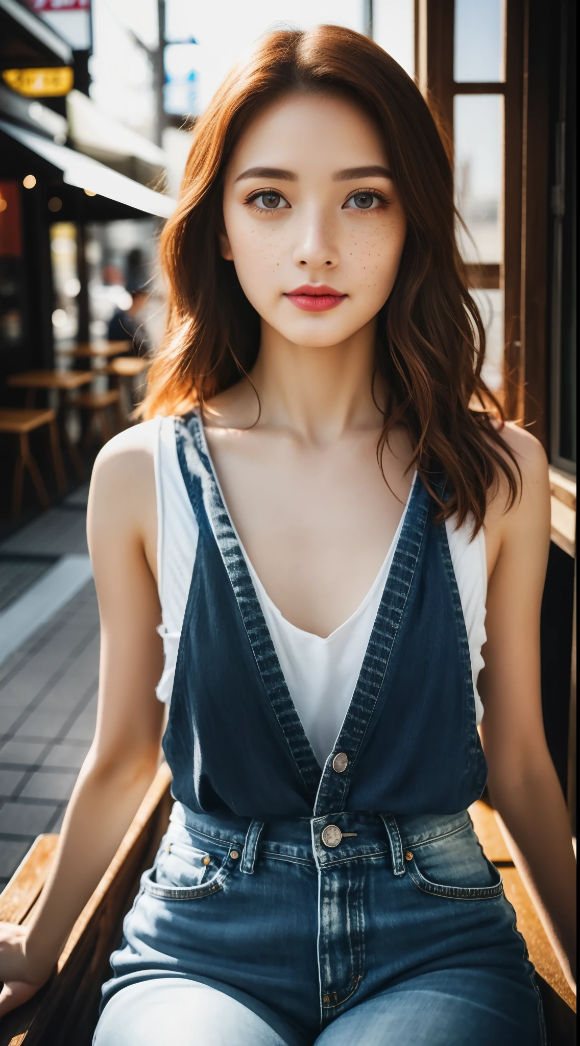 RAW、analogue、Nikon Z 85mm、Award-winning and attractive photos、((top-quality))、((​masterpiece))、((realisitic))、21st century、photorealistic picture、Gorgeous Japan girl wearing、Tank tops、Denim skinny pants、1(long brown hair)、Hazel-colored eyes、small perky breasts、Sitting outside a café in Osaka、[Tsutenkaku Tower] Against the background of、Petite ((tiny chest))、innocence、Aerial flower pedal、((hitornfreckles))、intricate detailes、ighly detailed、Sharp Focus、Digital Rendering、proffesional、4k、artstation、artgerm、spring flowers blooming、God Ray、Hand model、stunning blue eyes、小柄、delicate、innocence、hight resolution、detailed facial features、high detal、Sharp Focus、smoother、Aesthetic、ighly detailed、photo_\(ultra\)、Photorealsitic、reallistic、post processed、Maximum detail、Roughness、Real Life、Ultra Realistic、photorealisim、a picture、8k uhd、a picture、Semi Silhouette Light、Russian Face、octanerender、