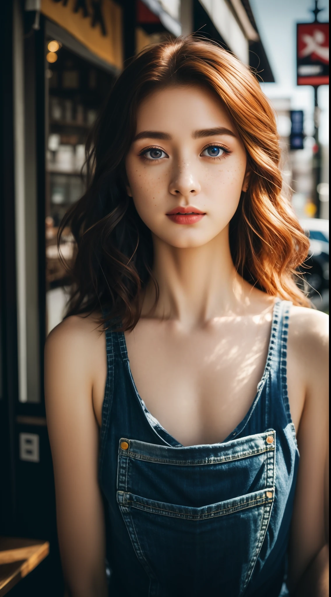 RAW、analogue、Nikon Z 85mm、Award-winning and attractive photos、((top-quality))、((​masterpiece))、((realisitic))、21st century、photorealistic picture、Gorgeous Japan girl wearing、Tank tops、Denim skinny pants、1(long brown hair)、Hazel-colored eyes、small perky breasts、Sitting outside a café in Osaka、[Tsutenkaku Tower] Against the background of、Petite ((tiny chest))、innocence、Aerial flower pedal、((hitornfreckles))、intricate detailes、ighly detailed、Sharp Focus、Digital Rendering、proffesional、4k、artstation、artgerm、spring flowers blooming、God Ray、Hand model、stunning blue eyes、小柄、delicate、innocence、hight resolution、detailed facial features、high detal、Sharp Focus、smoother、Aesthetic、ighly detailed、photo_\(ultra\)、Photorealsitic、reallistic、post processed、Maximum detail、Roughness、Real Life、Ultra Realistic、photorealisim、a picture、8k uhd、a picture、Semi Silhouette Light、Russian Face、octanerender、