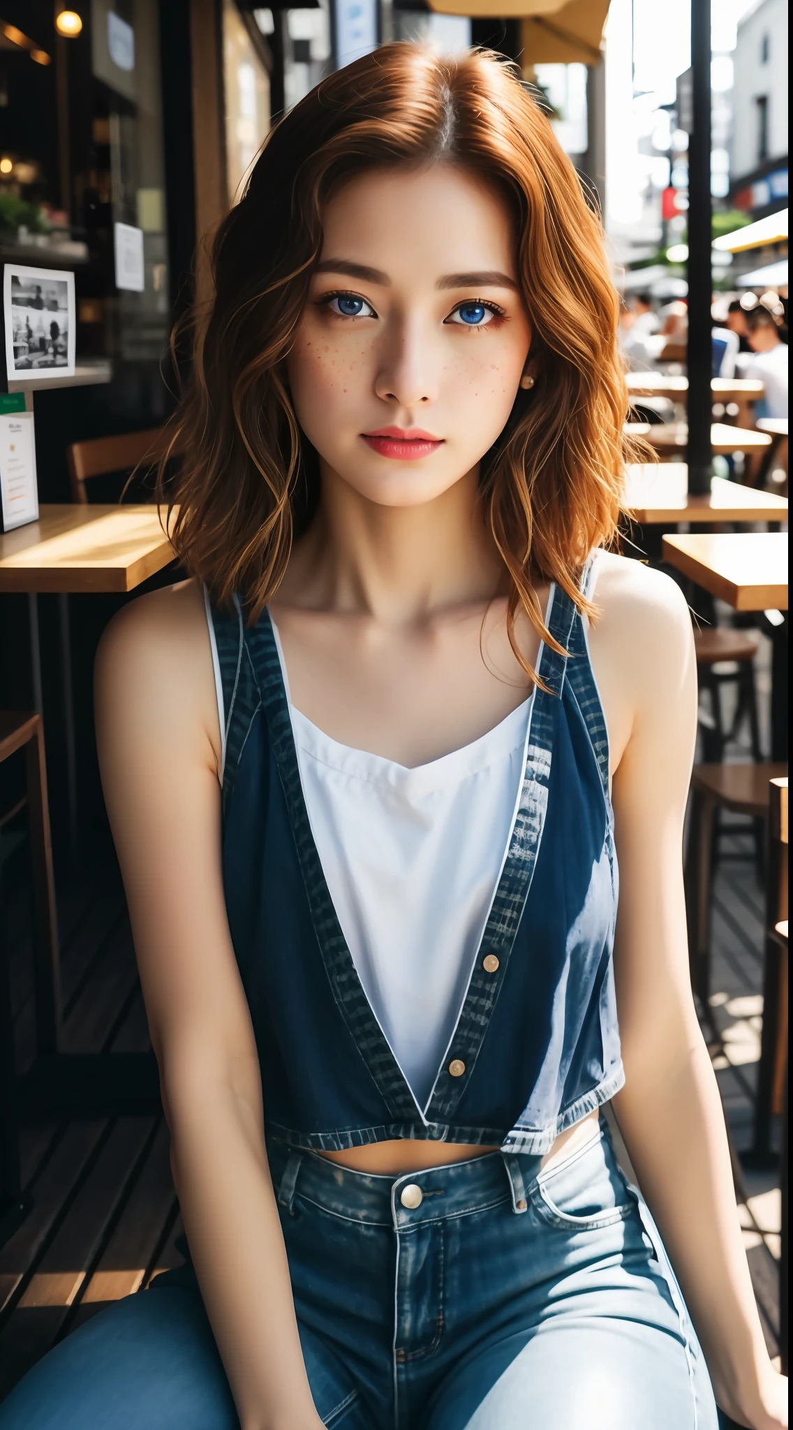 RAW、analogue、Nikon Z 85mm、Award-winning and attractive photos、((top-quality))、((​masterpiece))、((realisitic))、21st century、photorealistic picture、Gorgeous Japan girl wearing、Tank tops、Denim skinny pants、1(long brown hair)、Hazel-colored eyes、small perky breasts、Sitting outside a café in Osaka、[Tsutenkaku Tower] Against the background of、Petite ((tiny chest))、innocence、Aerial flower pedal、((hitornfreckles))、intricate detailes、ighly detailed、Sharp Focus、Digital Rendering、proffesional、4k、artstation、artgerm、spring flowers blooming、God Ray、Hand model、stunning blue eyes、小柄、delicate、innocence、hight resolution、detailed facial features、high detal、Sharp Focus、smoother、Aesthetic、ighly detailed、photo_\(ultra\)、Photorealsitic、reallistic、post processed、Maximum detail、Roughness、Real Life、Ultra Realistic、photorealisim、a picture、8k uhd、a picture、Semi Silhouette Light、Russian Face、octanerender、