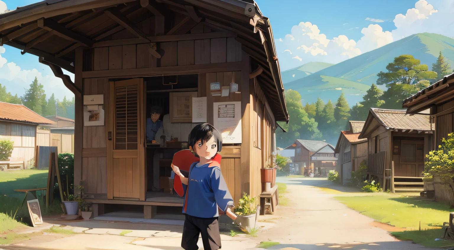 A lively little boy named Taro enjoying time with his family in a small village.