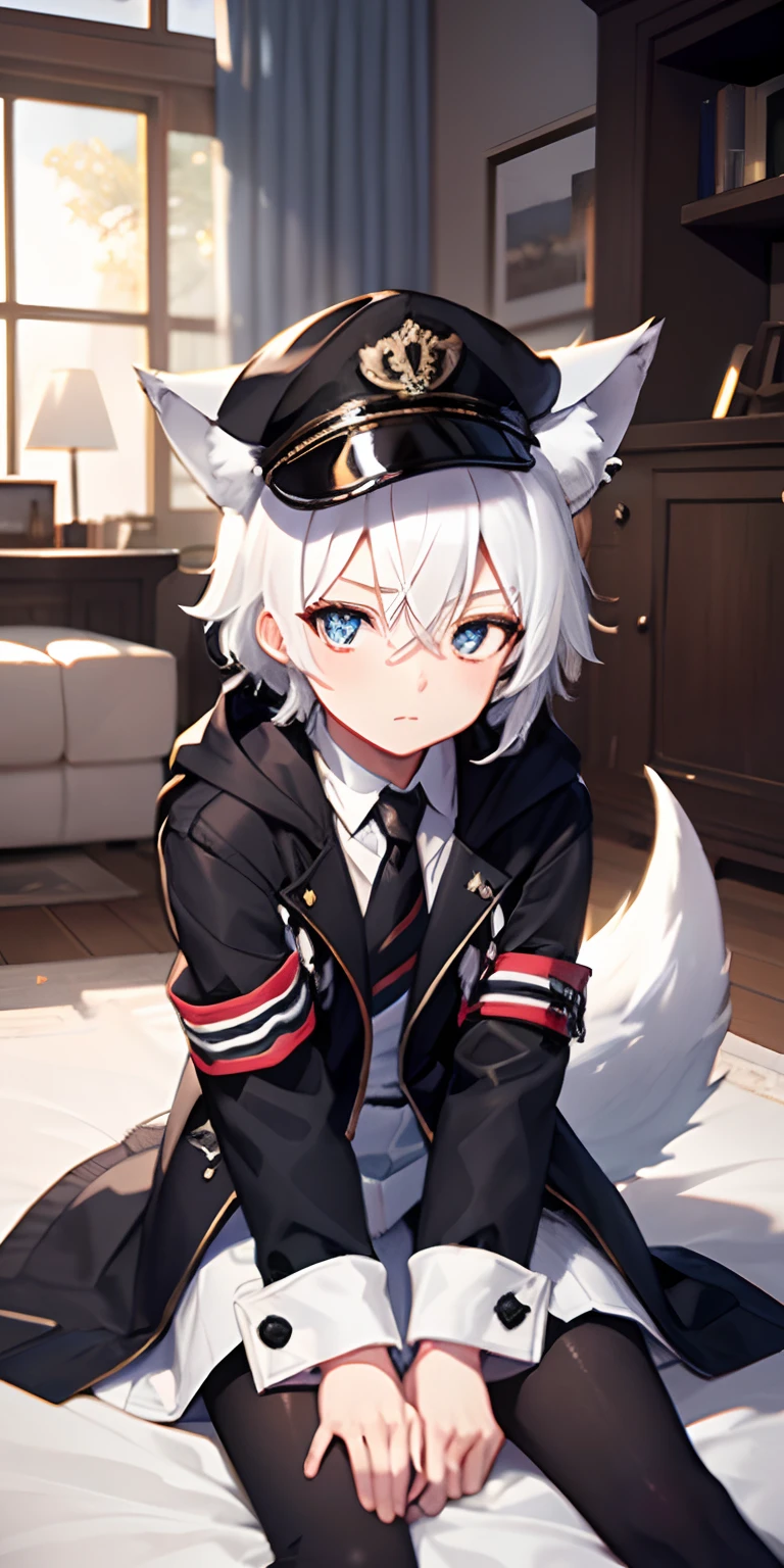 1boy, Wolf ears, Wolf tail, short fluffy white hair with black stripes,, Blue and white eyes, slim, masutepiece, Black coat, Black Peak General Cap, Living room settings