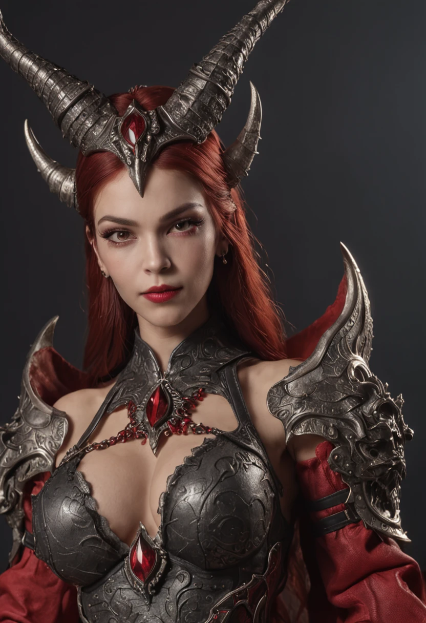 qualidade superior、mulher russa bonita、{{{The whole body is shown}}}、Rei Diabo Feminino、Diabo feminino、Olhos vermelhos、demon armor、Devil's Bikini Armor、fantasia、horns grow on the head、Castelo das Trevas、Grande fundo,