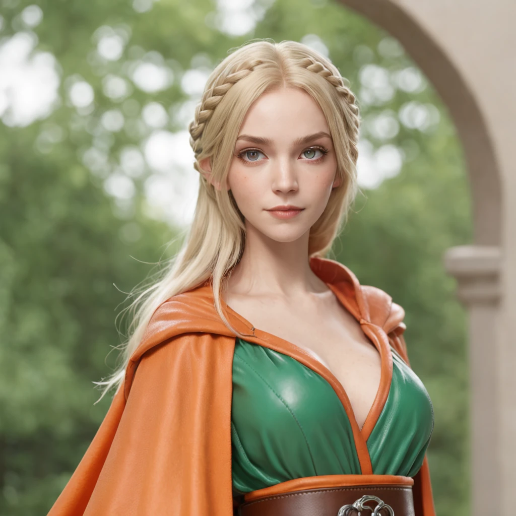 One Caucasian Beauty, blonde hair in braids,Bianca,Dragon Quest V, ssmile, big pale blue eyes, Woman in green dress and orange cloak, Shots where the hands are invisible, Black leather belt with silver buckle, Ultra realistic anime 3D style,