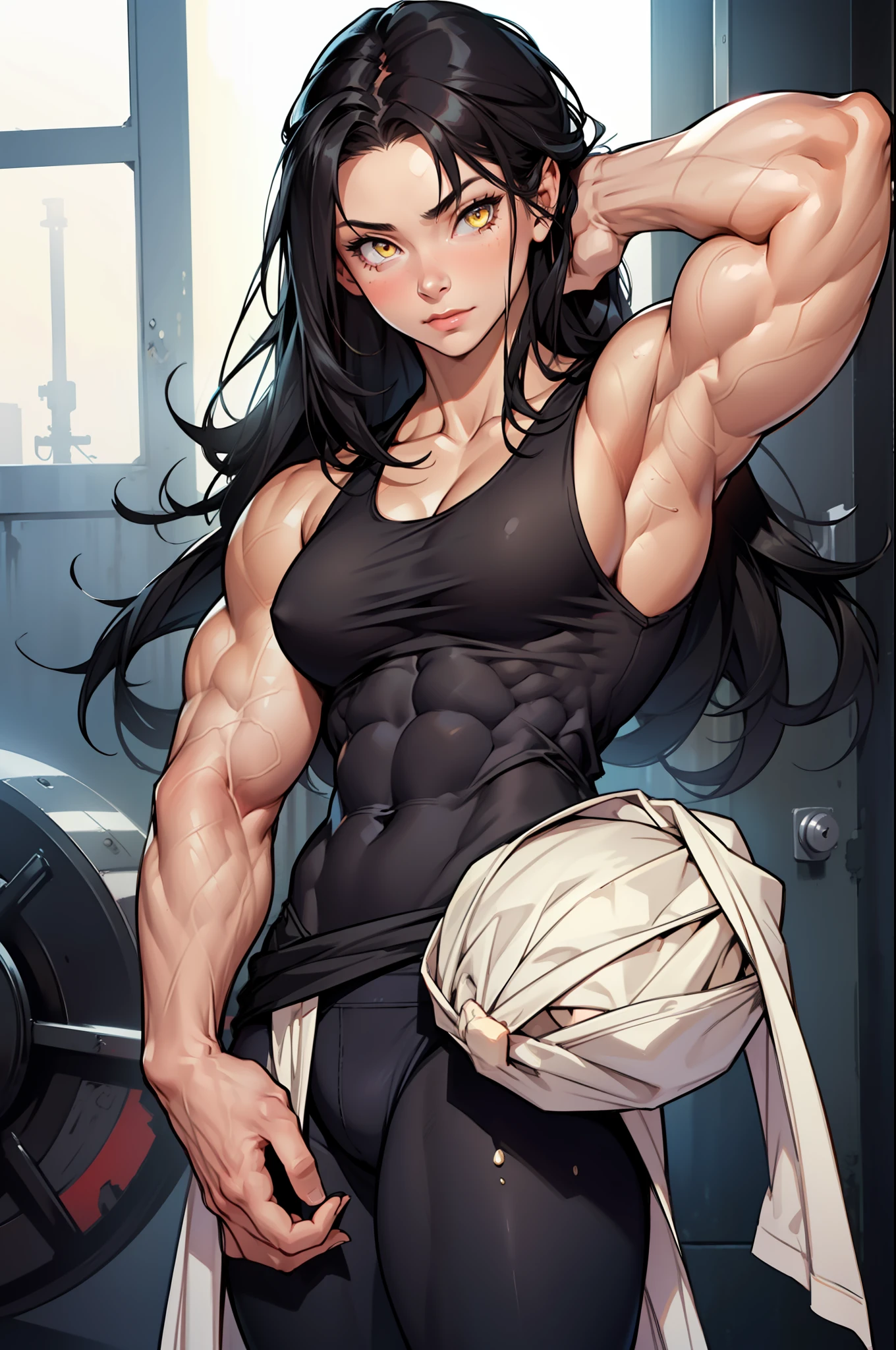 (((((((1 girl))))))), black hair, yellow eyes, very long hair, ((((((muscular)))))), tall, pale skin, (seductive expression), tank top, leggings