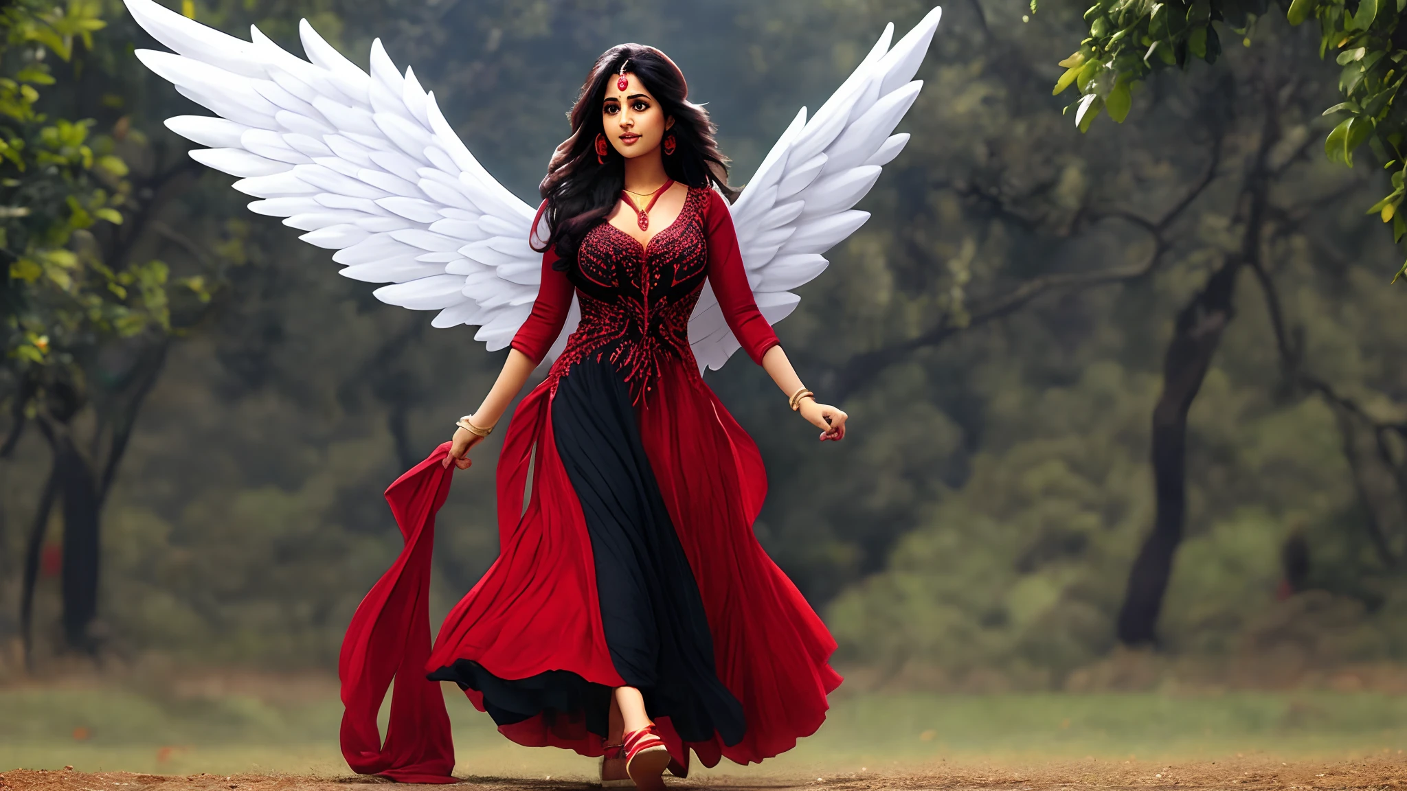 Aalisha panwar smailing AI angel, baik raider, red and black dress, ai photo