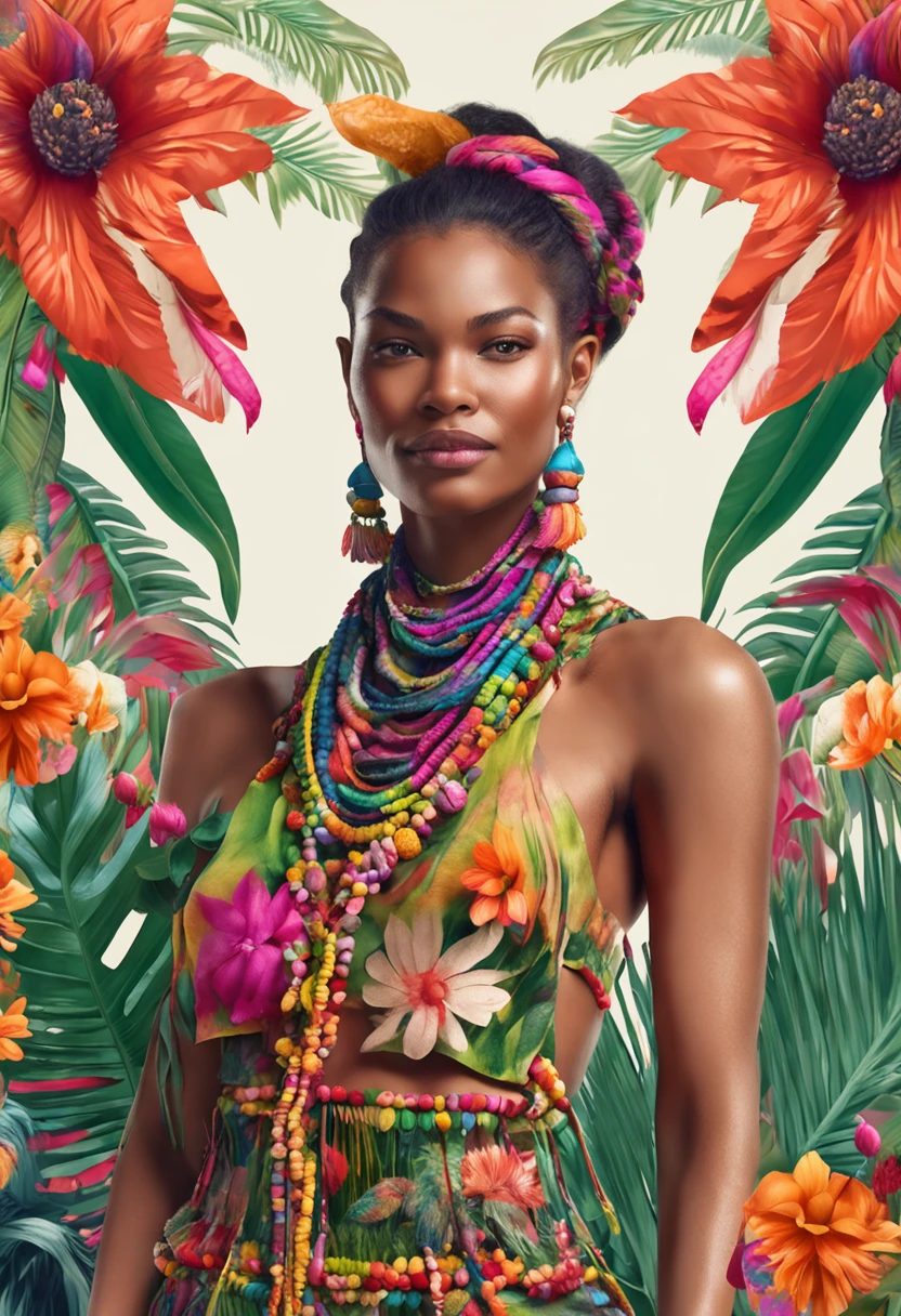 beautiful woman wearing fantastic hand-dyed cotton clothes, embellished beaded feather decorative fringe knots, colorful pigtail , subtropical flowers and plants, symmetrical face, intricate, elegant, highly detailed, 8k, digital painting,trending on pinterest, harper’s bazaar, concept, art, sharp focus, illustration
