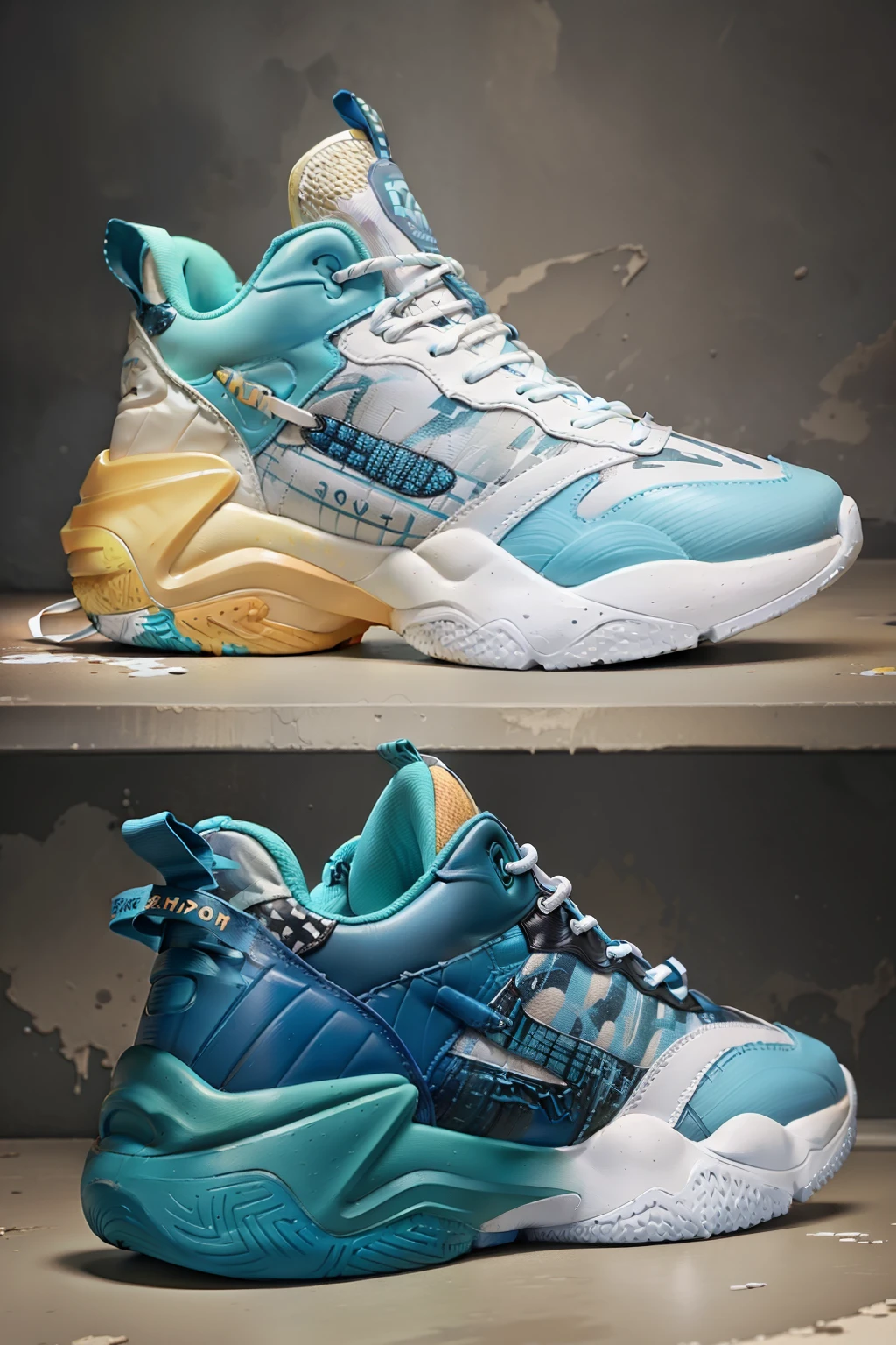 "Realistic painting style showcasing cool sneakers，Highlight textures、Line and color details，Highlight the sporty fashion and texture of the shoes，Conveys wearing comfort。"