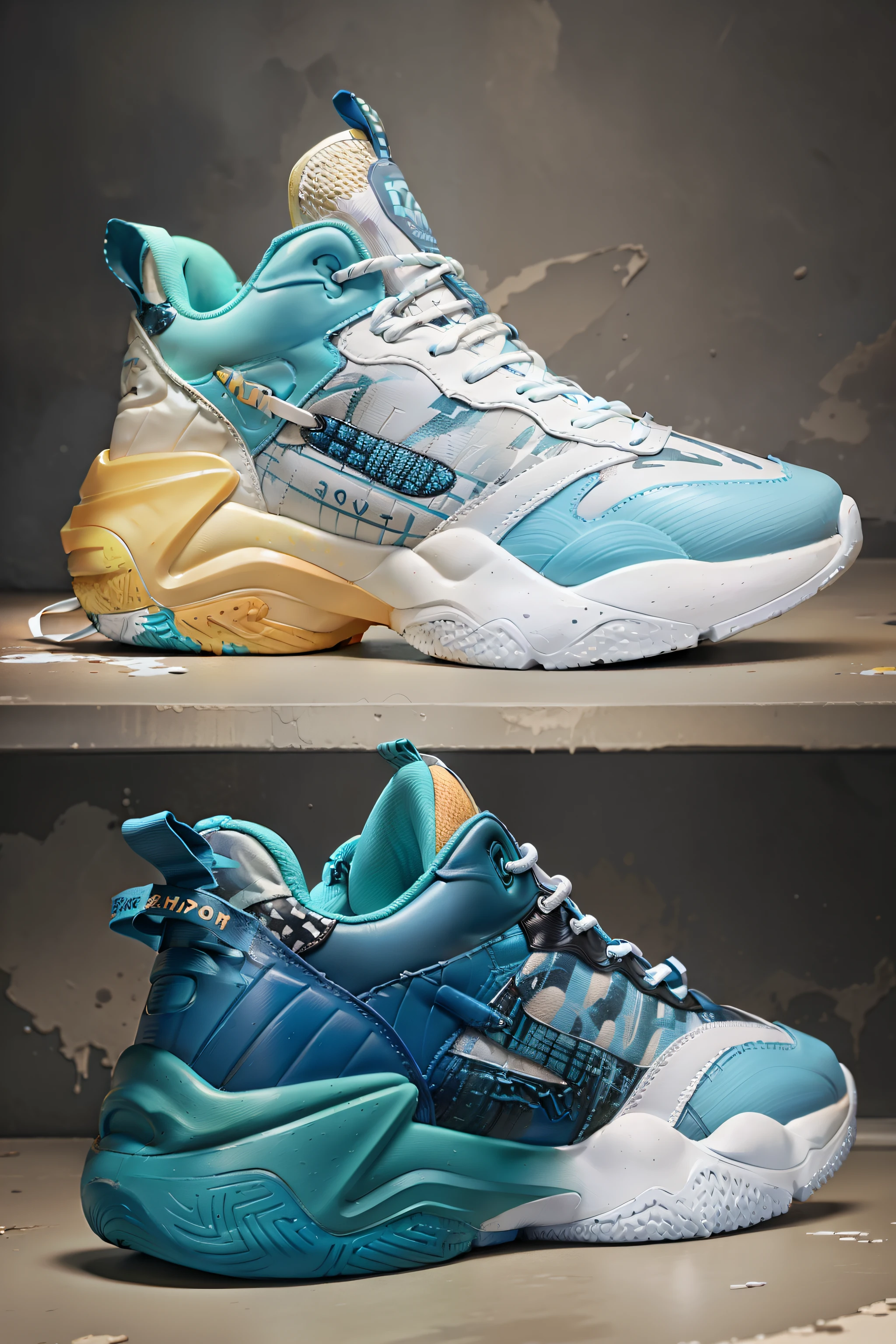 "Realistic painting style showcasing cool sneakers,Highlight textures、Line and color details,Highlight the sporty fashion and texture of the shoes,Conveys wearing comfort。"