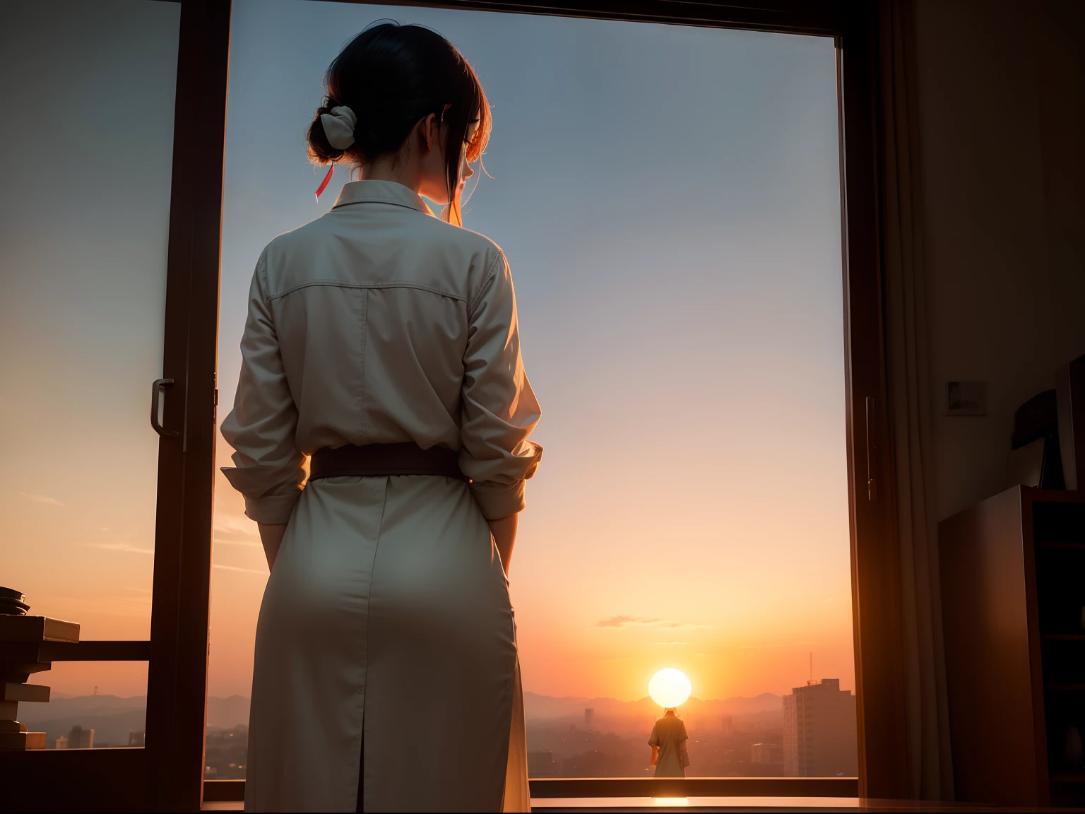 Woman watching the sunset by the window，Asian woman，Stand on the right side of the photo，Blurred woman's back，Woman's back，Blur the back，without showing face，Back front，natural style，hdr shot，real photograph，Ultra-clear details，Ultra photo realsisim，Faraway view，telephoto lenses