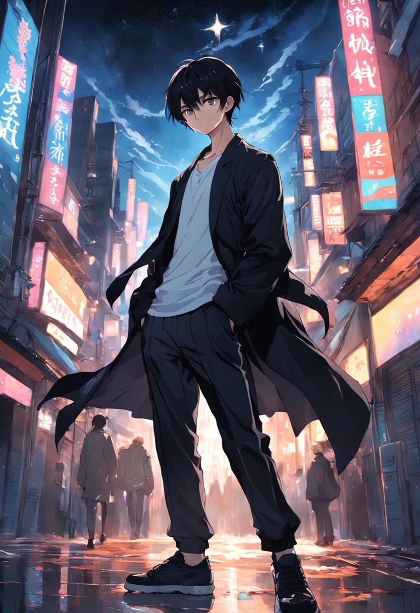 ​masterpiece、twinks、30-years old、A dark-haired、Black jacket、Black pants、white t-shirts、Giving bangs、Sticking out your forehead、twinks、Eyes drawn in detail、a handsome、Inside the city、starrysky、Mystical light、dramatic light、Cinematic power、
