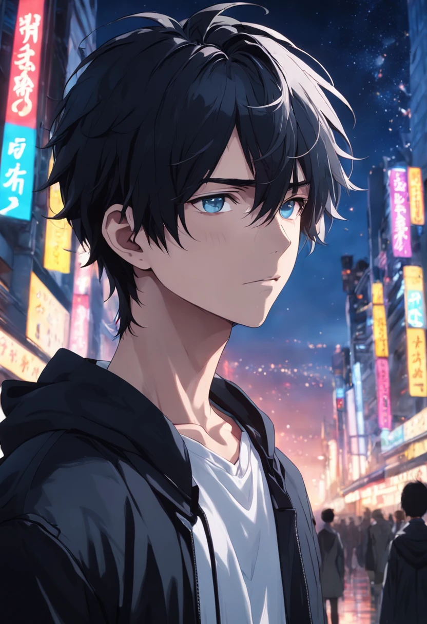 masterpiece、twinks、30-years old、A dark-haired、Black jacket、Black pants、white t-shirts、Giving bangs、Sticking out your forehead、twinks、Eyes drawn in detail、a handsome、Inside the city、starrysky、Mystical light、dramatic light、Cinematic power、