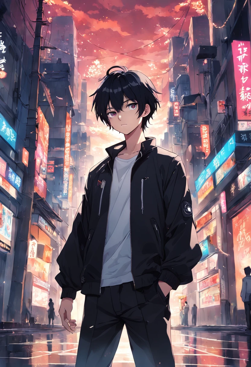 masterpiece、twinks、30-years old、A dark-haired、Black jacket、Black pants、white t-shirts、Giving bangs、Sticking out your forehead、twinks、Eyes drawn in detail、a handsome、Inside the city、starrysky、Mystical light、dramatic light、Cinematic power、