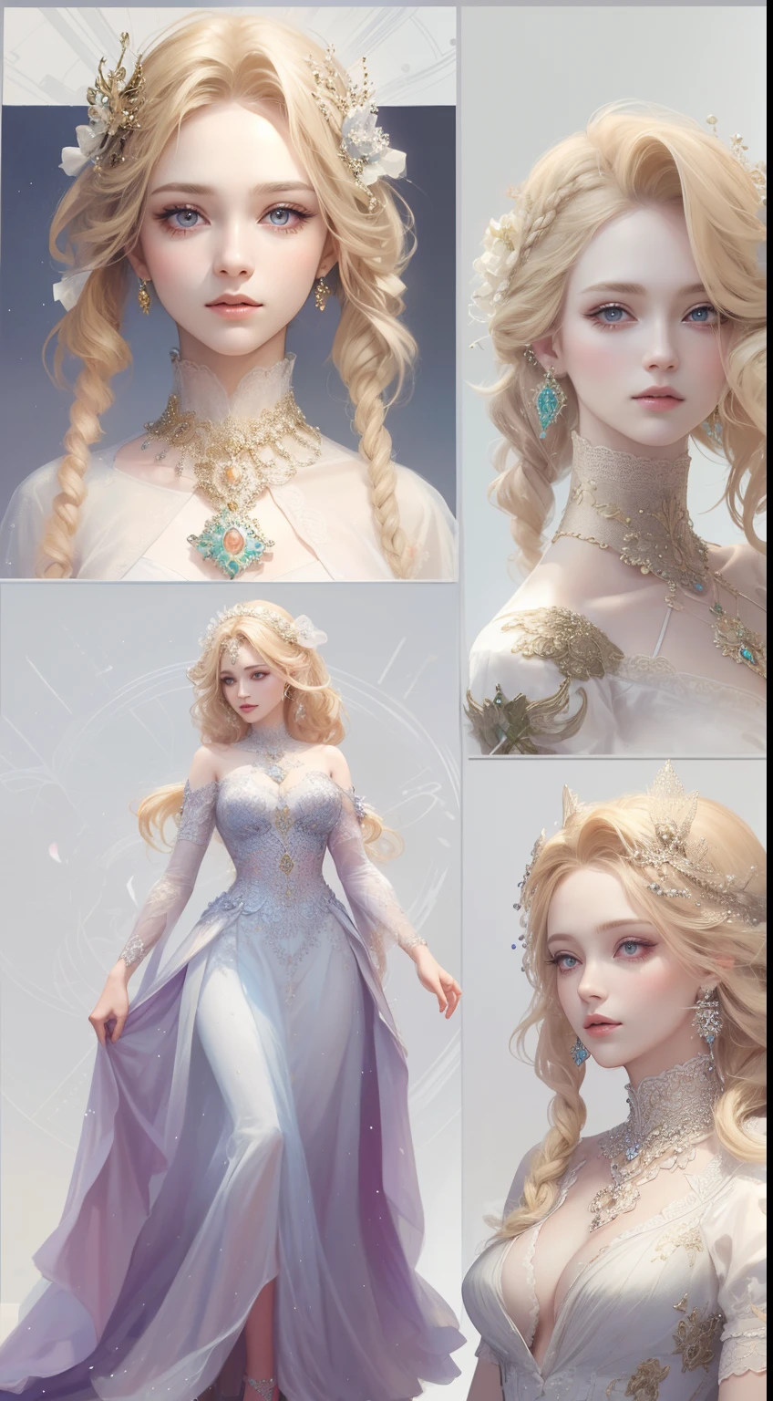 tmasterpiece,Highest high resolution,Dynamic bust of beautiful royal lady,Delicate blonde braided hair,Purple clear eyes,The hair is covered with beautiful and delicate floral craftsmanship, Crystal jewelry filigree,Ultra-detailed details,upscaled。