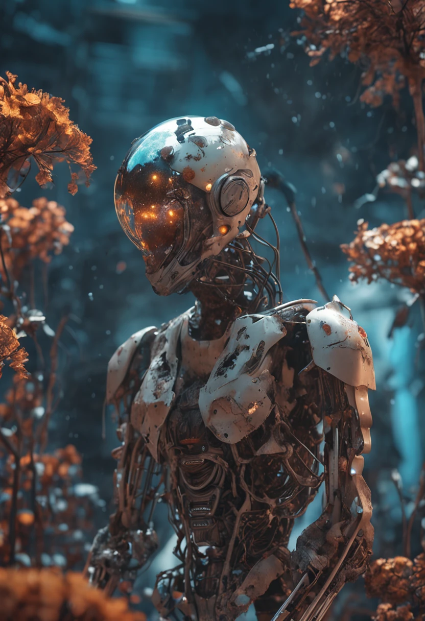 gorgeous undressed astronaut in dry flowers, boke diadem,, damaged suit, dameged mask, cracked glass, scratche screen,damned lands,yule heaven, forgotten person,8k resoultion,  cinematic style digital art render with mechanical and futuristic details, Sci-Fi, hyper realistic , post apocalyptic, damaged, surreal,horror, zombies, gross, monsters, undead, body horror, sunset,blurred environment background, neon energy halo in the back, (perfectly shaped eyes:0.8), portrait, digital art, concept art, post processed, dynamic lighting, (painted by bochen and wlop, stylized by nixeu and greg rutkowski), trend on pixiv, perfect composition, cinematic, majestic, detailed, sharp details, sharp focus, perfect anatomy, shiny, masterpiece, award-winning photography, fine-tuning face, masterpiece, art by yoshiyuki sadamoto and matt banning
