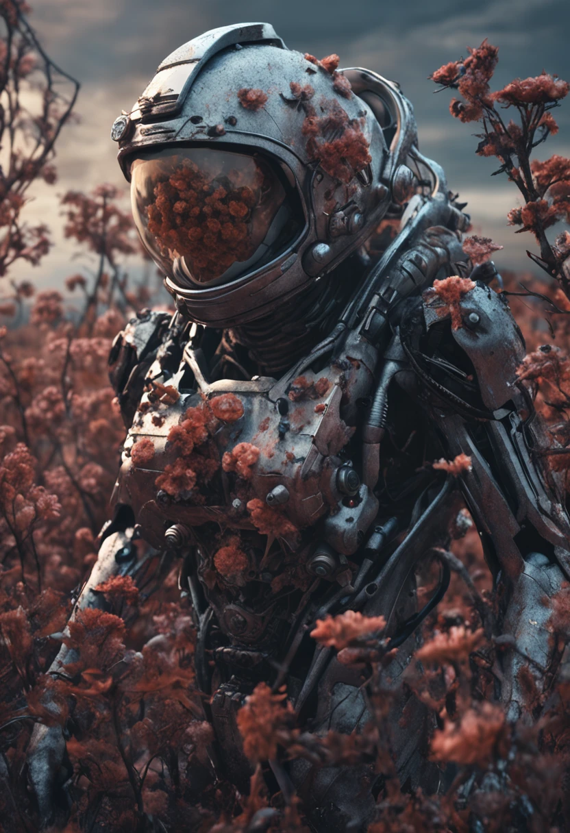gorgeous undressed astronaut in dry flowers, boke diadem,, damaged suit, dameged mask, cracked glass, scratche screen,damned lands,yule heaven, forgotten person,8k resoultion, cinematic style digital art render with mechanical and futuristic details, Sci-Fi, hyper realistic , post apocalyptic, damaged, surreal,horror, zombies, gross, monsters, undead, body horror, sunset,blurred environment background, neon energy halo in the back, (perfectly shaped eyes:0.8), portrait, digital art, concept art, post processed, dynamic lighting, (painted by bochen and wlop, stylized by nixeu and greg rutkowski), trend on pixiv, perfect composition, cinematic, majestic, detailed, sharp details, sharp focus, perfect anatomy, shiny, masterpiece, award-winning photography, fine-tuning face, masterpiece, art by yoshiyuki sadamoto and matt banning