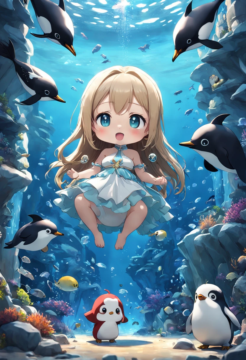 tabuleiro de xadrez Obra Chibi 3D Vestindo uma fantasia de pinguim chibi bonito e bonito,Chibi 3D inside a giant aquarium, realistic,