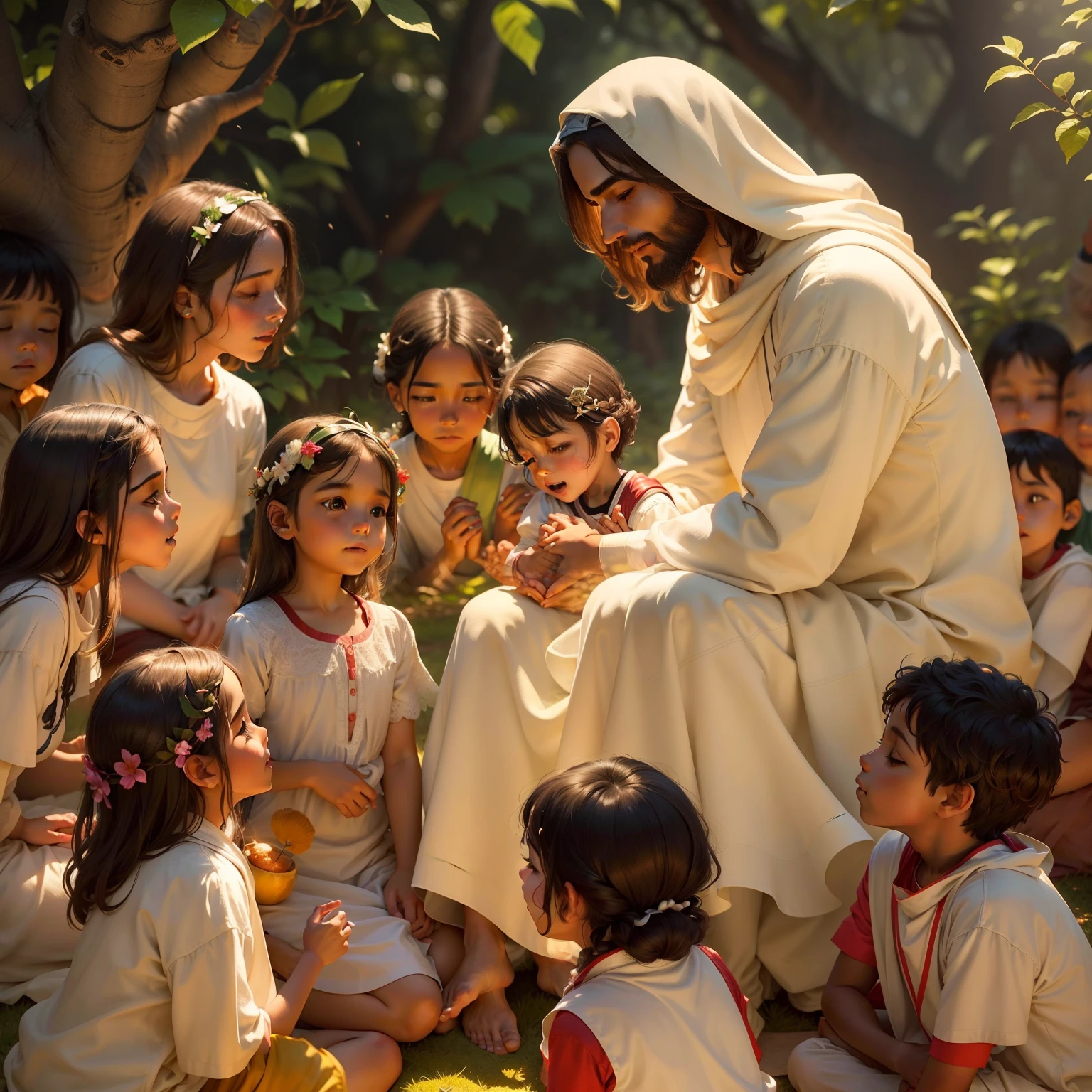 Under the balmy shade of a leafy tree, Jesus, wearing white robes and radiating a strong light behind his head, encontra-se sentado em uma rocha, surrounded by a group of children who gather happily at his feet. Seu semblante sereno irradia amor e sabedoria, while his soft eyes catch the attention of each child, uma por uma. With gentle gestures and affectionate expressions, He shares stories and teachings. childrens, Fascinado, inclinam-se para a frente, their faces lit up by smiles and looks of admiration. The surrounding landscape is a landscape of peace, com colinas verdejantes, the serene sky, criando um ambiente de tranquilidade e harmonia. Jesus' love for children and his dedication to sharing teachings of compassion and kindness permeate the scene, making you a reflection of the essence of your divine message.