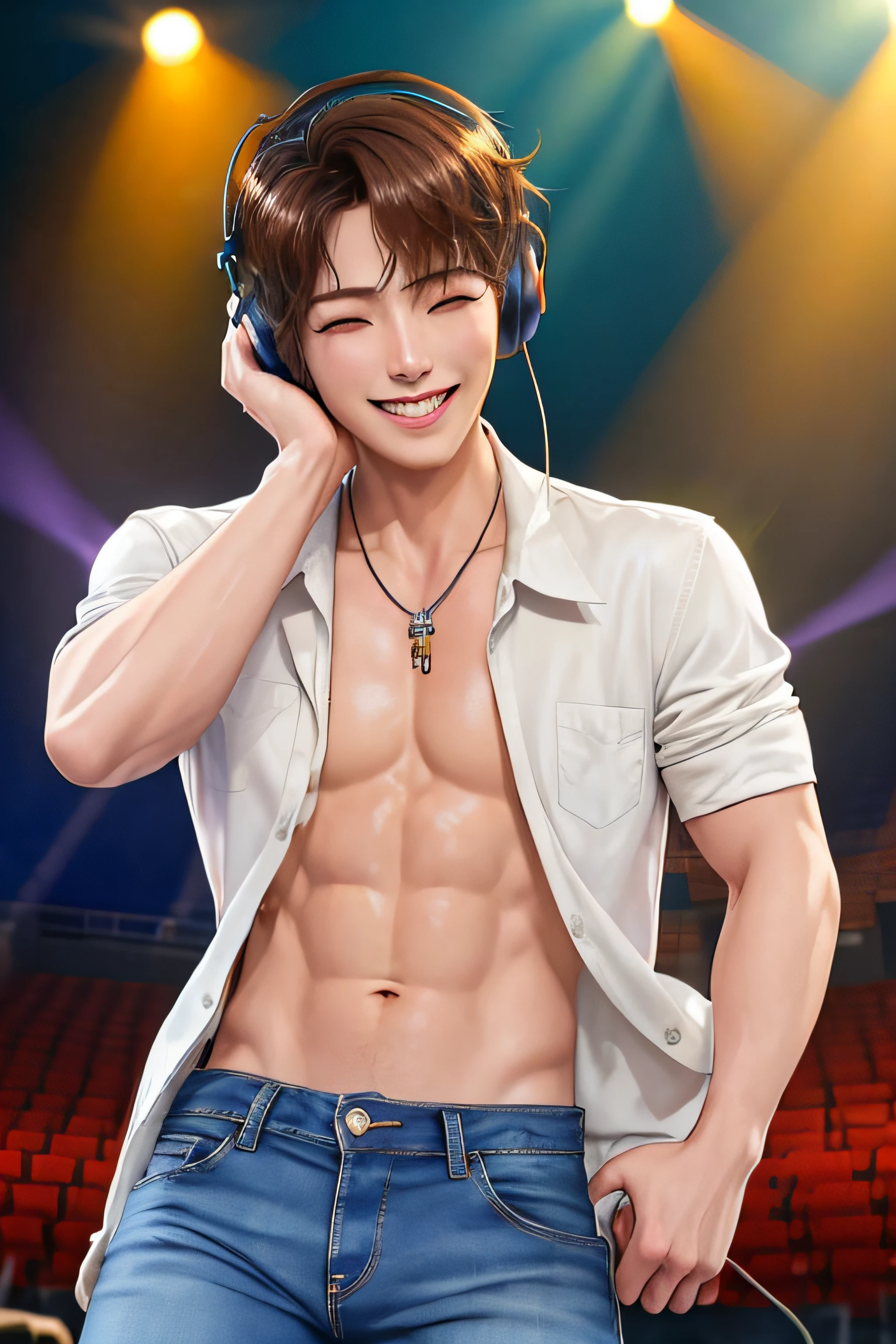 (masterpiece, best quality:1.2), cowboy shot, solo, male focus, 1boy, smile, looking at viewer, headphones, shirtless, ripped jean, sport shoe, concert, spotlight