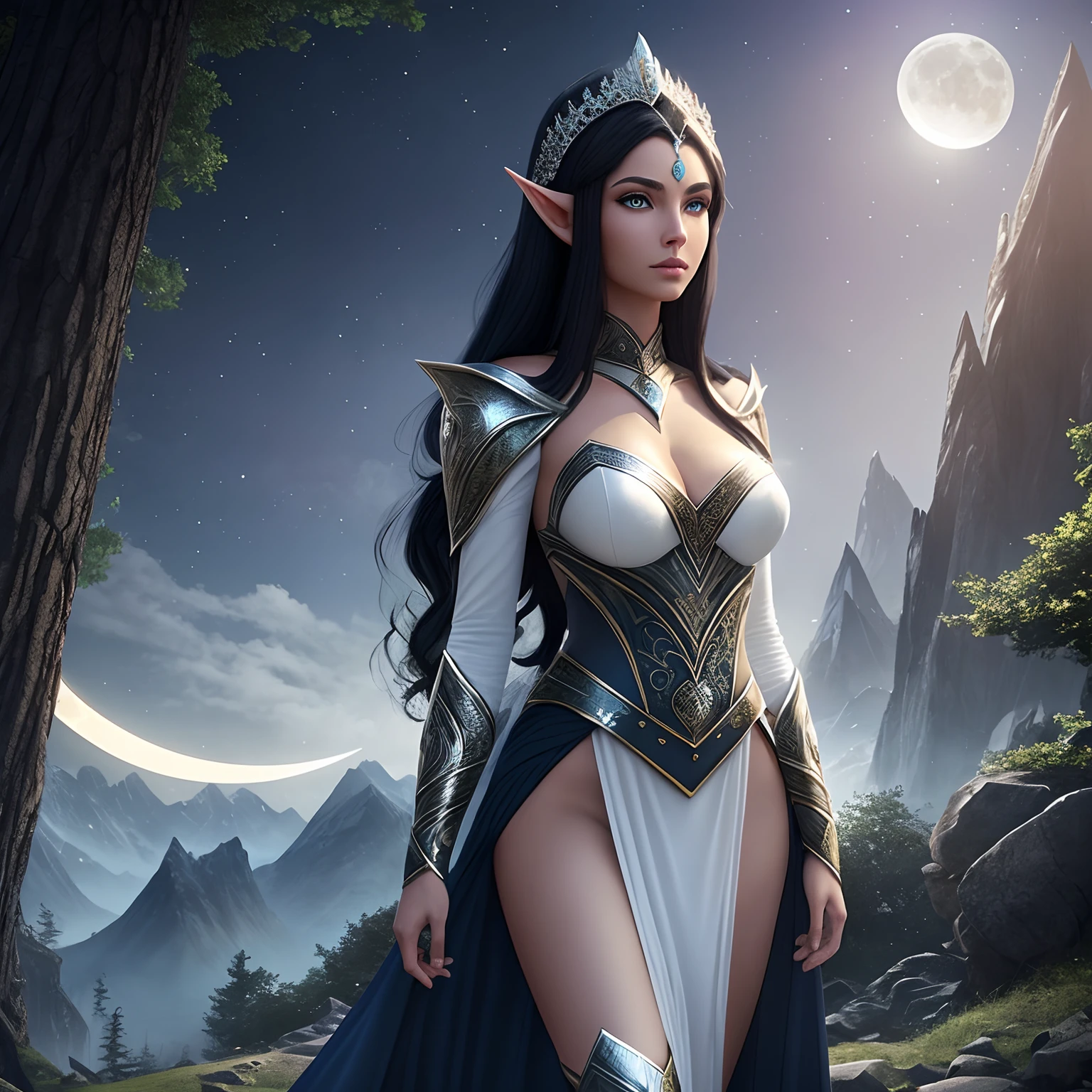 Lua elf woman, sexy, pele clara, Lua, noite, escuro, lindo, cabelo preto, olhos azuis, roupas brancas, brilho, hiperrealista, arte conceitual, medieval, epic, fantasia, princess, rainha, floresta, montanhas, 2.5d cgi
