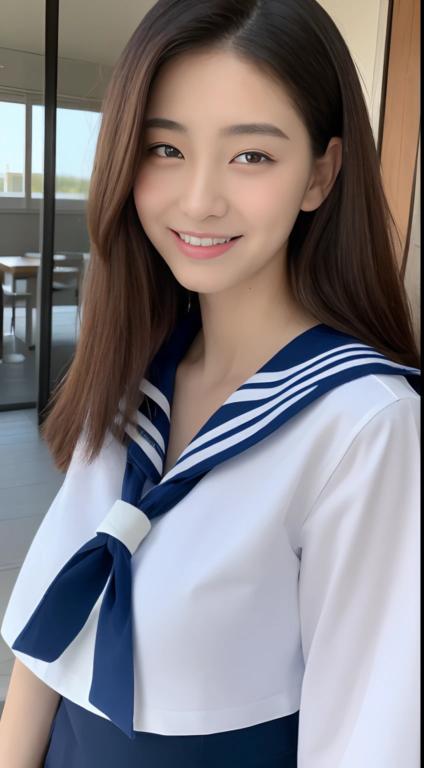 ((top-quality、8K、masterpiece:1.3))、1girl in、Slim Abs Beauty:1.3、(Medium Long Hairstyle Casual、a sailor suit、Colossal tits:1.2)、Super fine face、Delicat eyes、二重まぶた、A smile、Home、Skin is visible、A sexy、