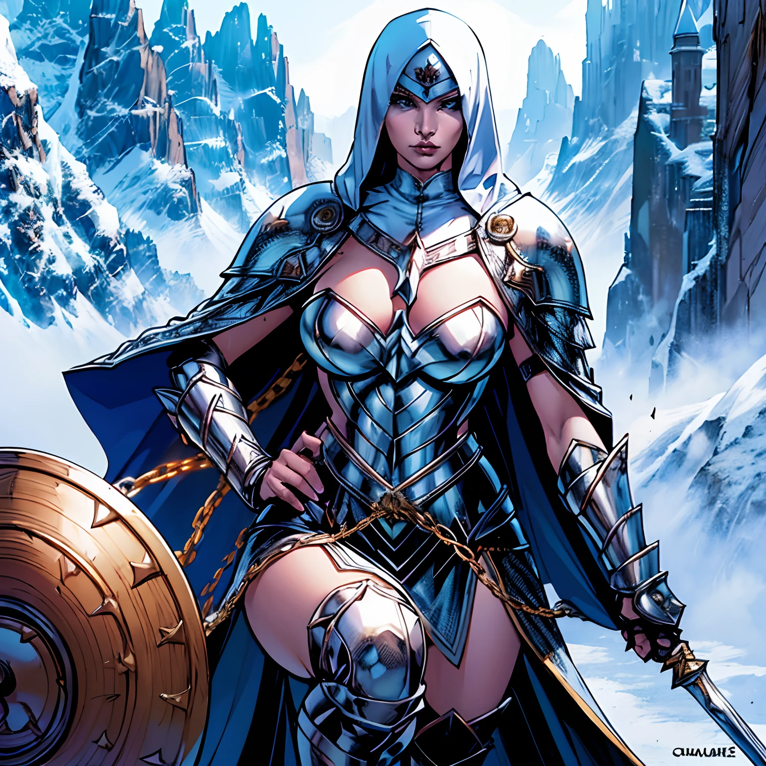 (masterpiece, top quality, best quality, official art, beautiful and aesthetic:1.2), (1girl:1.3), light freckles, fair skin, extremely detailed, portrait, looking at viewer, solo, (full body:0.6), detailed background, close up, (warm grasslands theme:1.1), holy paladin knight, charlatan, smirk, mysterious, swaying in mountains, modest attire, ornate white and gold armor, cowl, nun hood, wimple, cowl, robe, chain mail, chainmail, leggings, chainmail leggings, chain mail leggings, breastplate, tabard, gorget, hood, pauldrons, greaves, armored, long boots, longsword, shield, cape, cloak, white fabric, pale leather, gigantic breasts, slim waist, slim hips, long legs, medieval (mountain exterior:1.1) background, dark mysterious lighting, shadows, magical atmosphere, dutch angle,