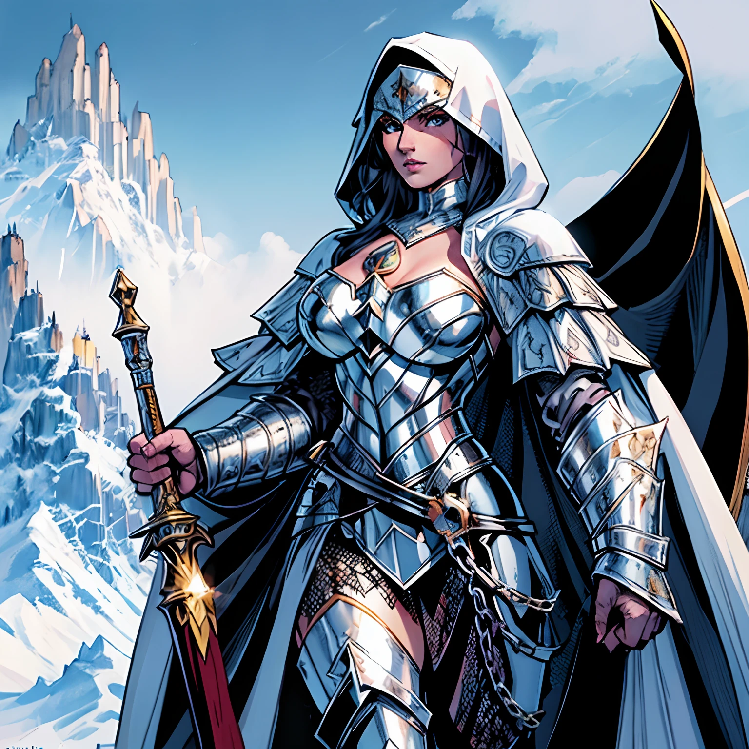 (masterpiece, top quality, best quality, official art, beautiful and aesthetic:1.2), (1girl:1.3), light freckles, fair skin, extremely detailed, portrait, looking at viewer, solo, (full body:0.6), detailed background, close up, (warm grasslands theme:1.1), holy paladin knight, charlatan, smirk, mysterious, swaying in mountains, modest attire, ornate white and gold armor, cowl, nun hood, wimple, cowl, robe, chain mail, chainmail, leggings, chainmail leggings, chain mail leggings, breastplate, tabard, gorget, hood, pauldrons, greaves, armored, long boots, longsword, shield, cape, cloak, white fabric, pale leather, gigantic breasts, slim waist, slim hips, long legs, medieval (mountain exterior:1.1) background, dark mysterious lighting, shadows, magical atmosphere, dutch angle,