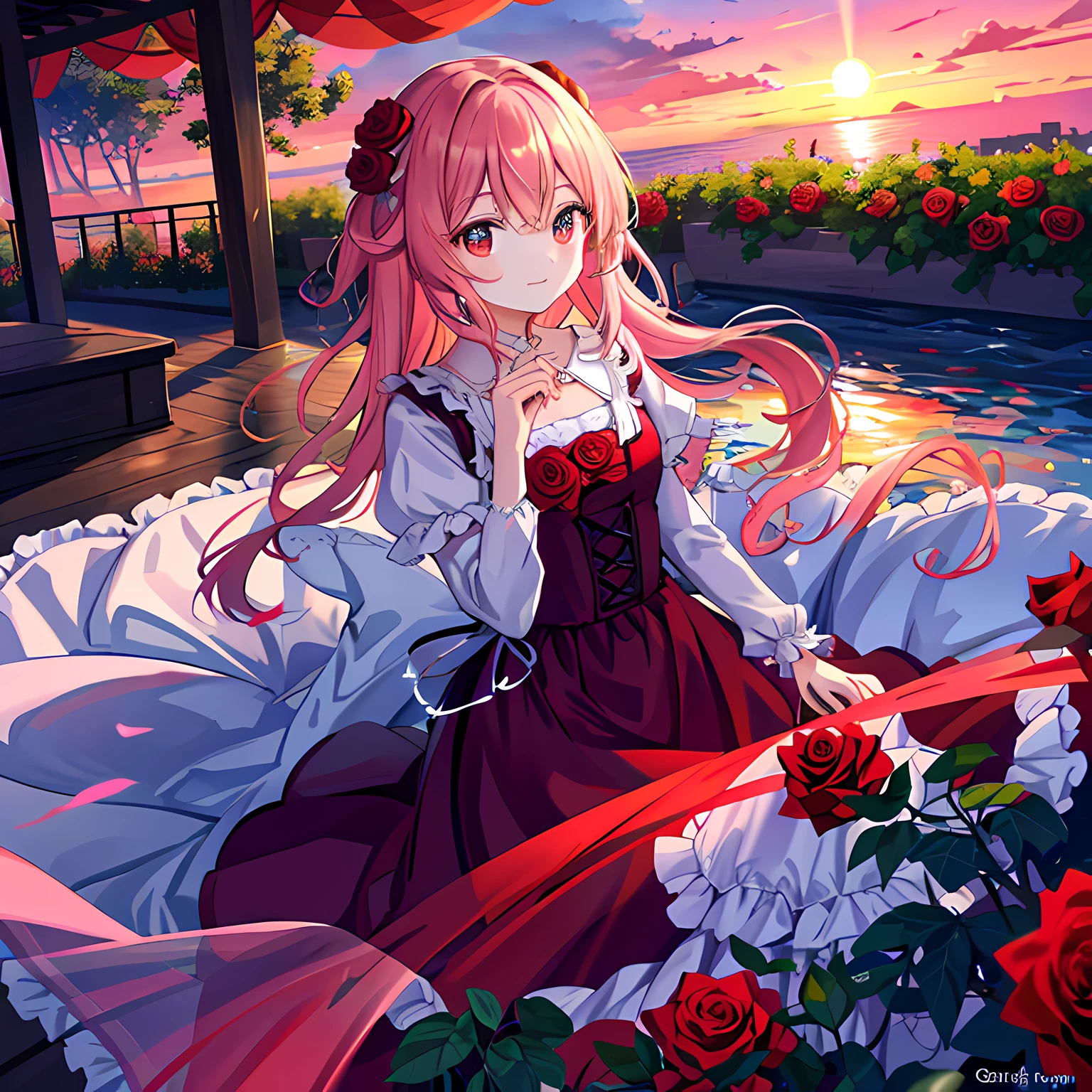 Sunset, rose, flowing, romantic, light and shadow, contrast, vivid, colorful, splendid, calm, set off
