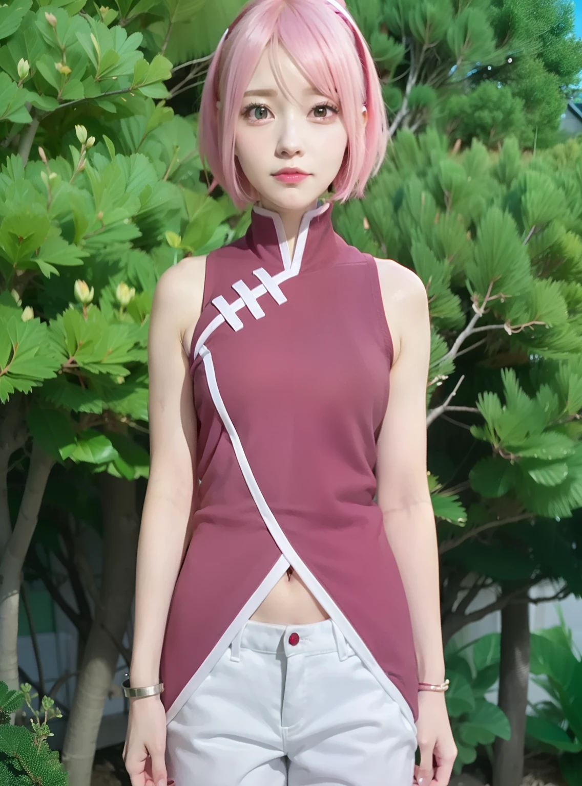 Real life adaption of this character,Asian teen beauty , realistic same hair, realistic outfit, realistic light, realistic shadow, hyper realistic, realism, realistic background,(photorealistic:1.2),green eyes color. Sakura / Sakura Haruno (Sakura Haruno) / [Boruto: Naruto Next Generation,1girl ,white pants ,best quality ,ultra Higd ,detail realistic ,HDR pro