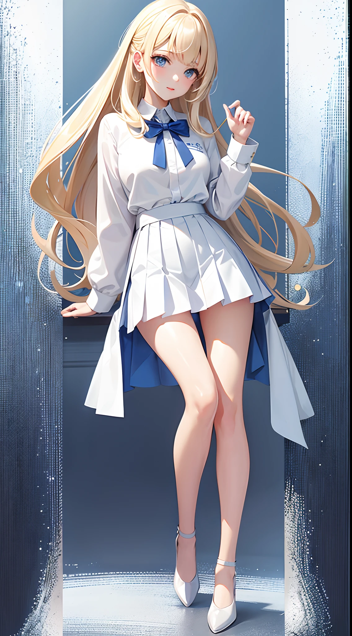 porate、School uniforms、bright expression、poneyTail、young and shiny white shiny skin、Best Looks、Gold reflects light、Platinum blonde hair,Shine brightly、Shiny light hair,、Silky straight hair、Beautiful bangs that shine、Big blue eyes that sparkle like crystal clear and charming、Very nice and lovely 16 year old girl、Lush bust、Beautiful white shirt、((full body seen))、Beautiful face、pleats skirt,The check folds are numerous in many places、((Well-formed face))、The pose is seductive、((Campus idol))++、Sexy body、